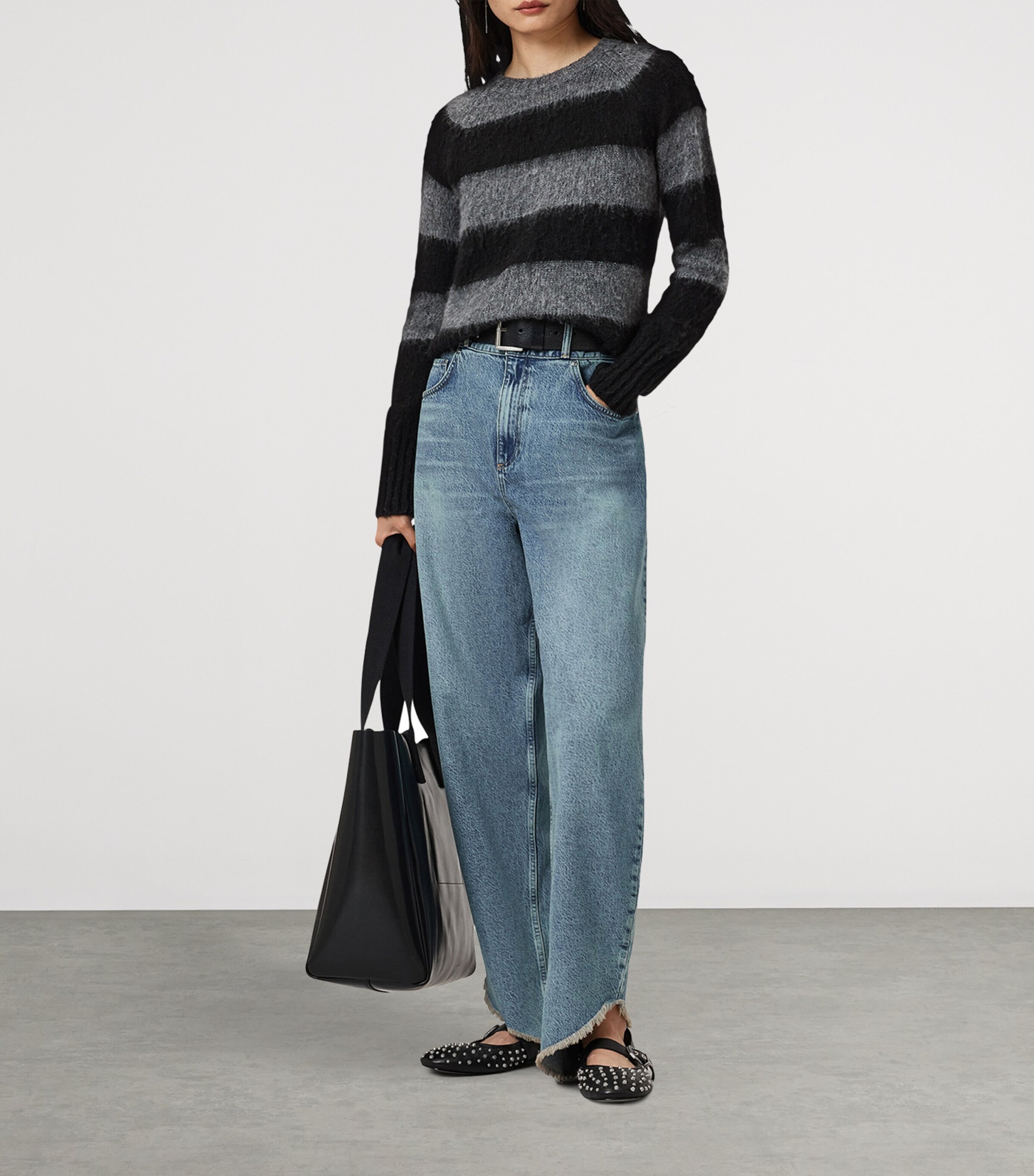 AllSaints Womens Stripe Crew-Neck Sweater Black/grey Image 3