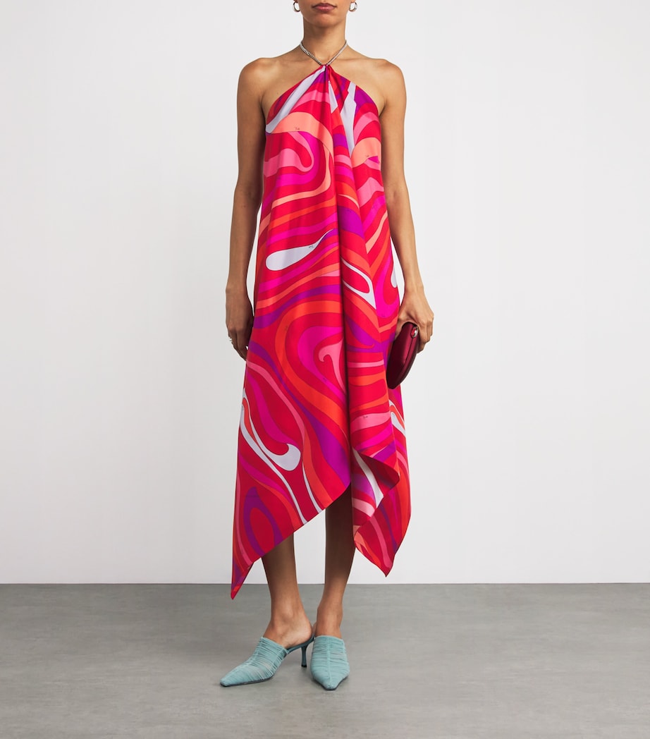 Silk Marmo Print Asymmetric Midi Dress 006 CORALLO/FUXIA Image 2