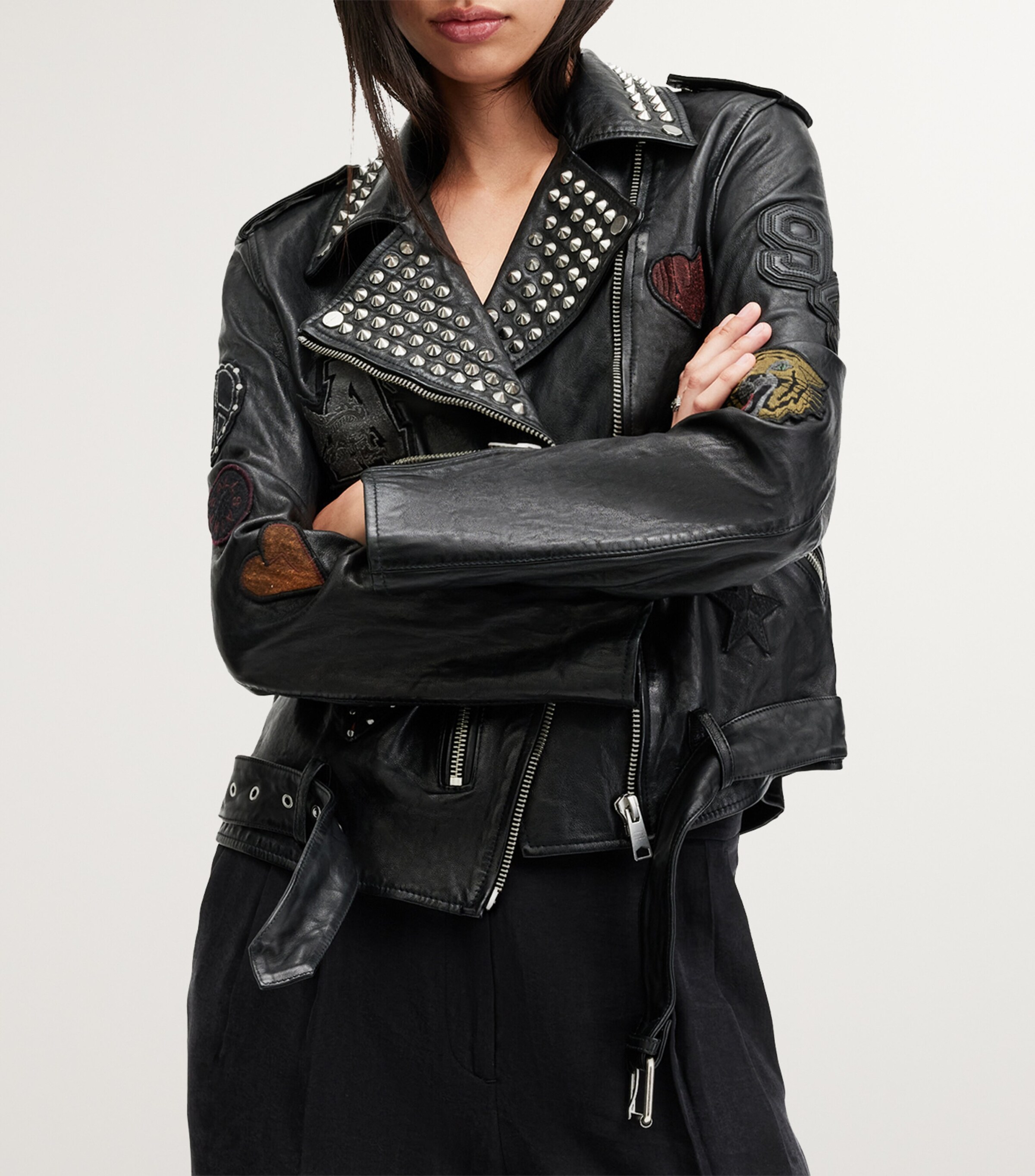 AllSaints Black Leather College Biker Jacket Harrods UK