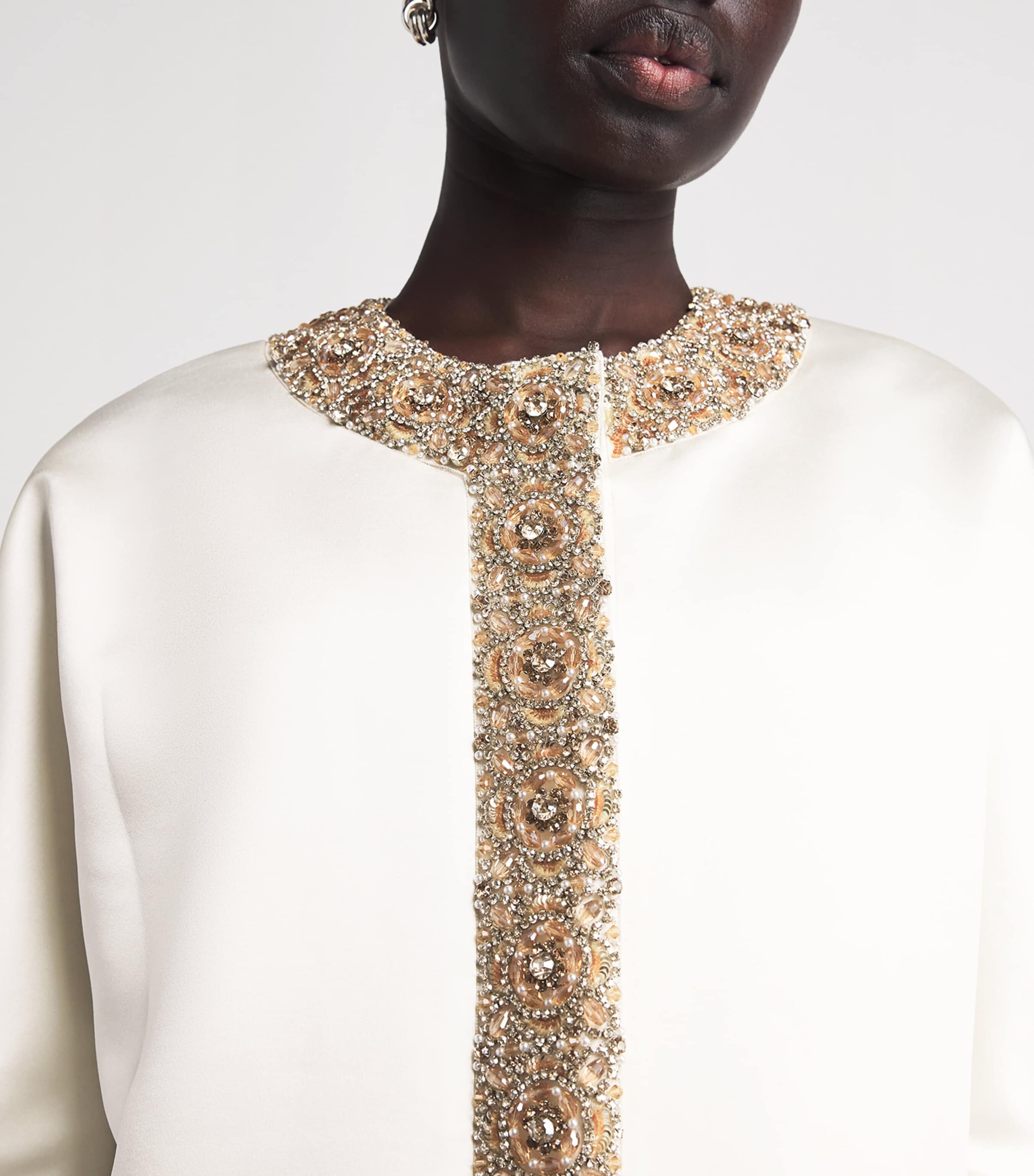 Huishan Zhang Womens Satin Embellished Halo Overcoat Ivory Image 5