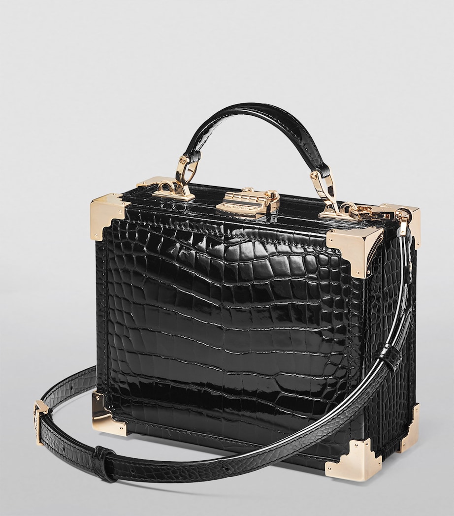 Croc-Embossed Leather Trunk Top-Handle Bag BLACK Image 3