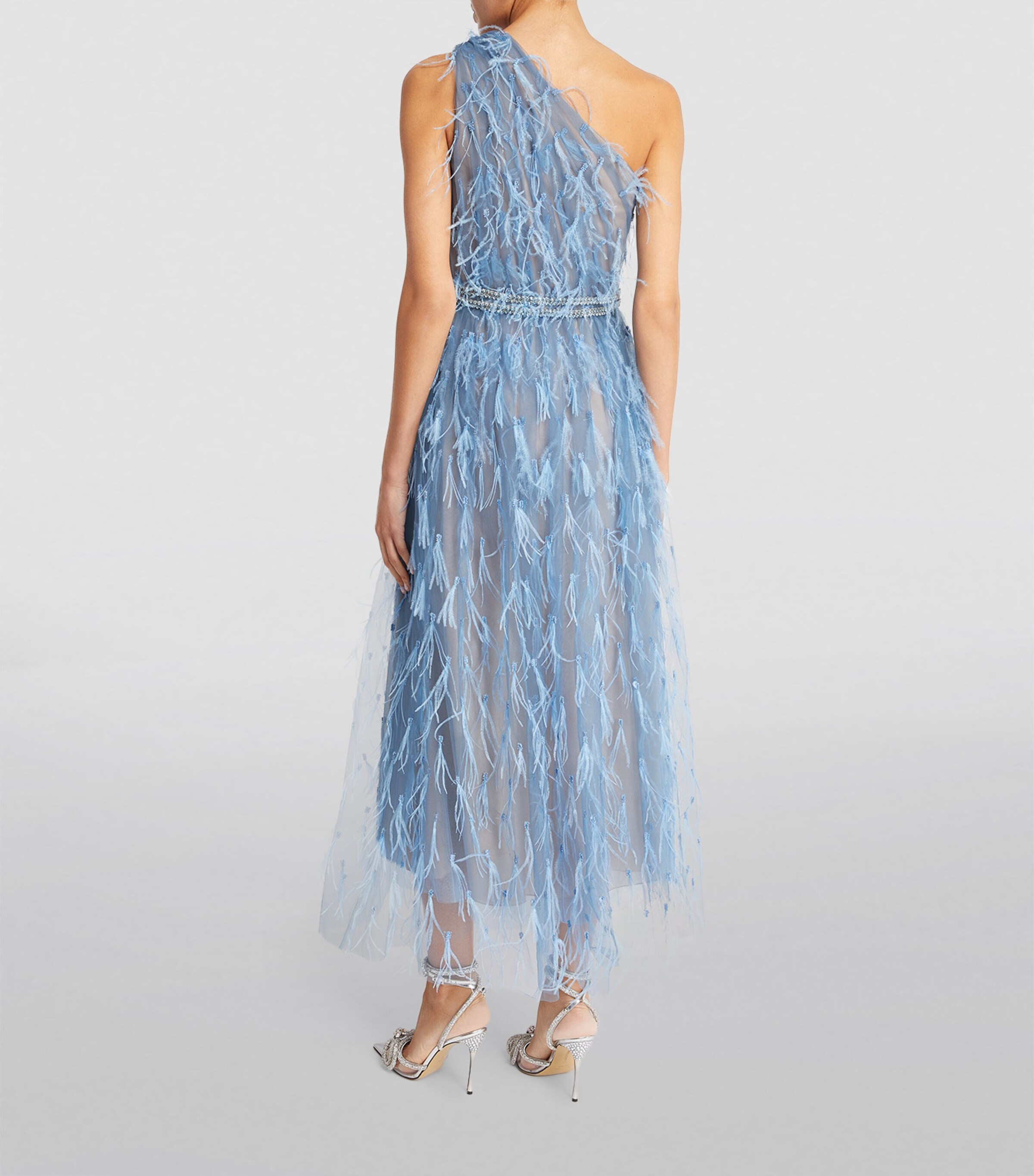 Marchesa Blue Feather-Detail One-Shoulder Midi Dress | Harrods BH