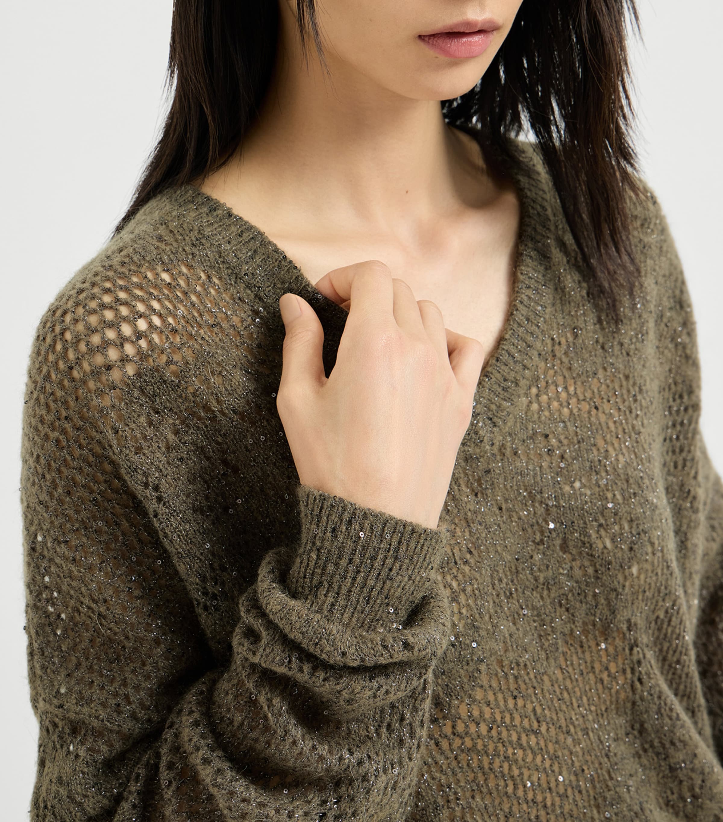 Brunello Cucinelli Womens Open-Work Embellished Sweater Militare Image 6