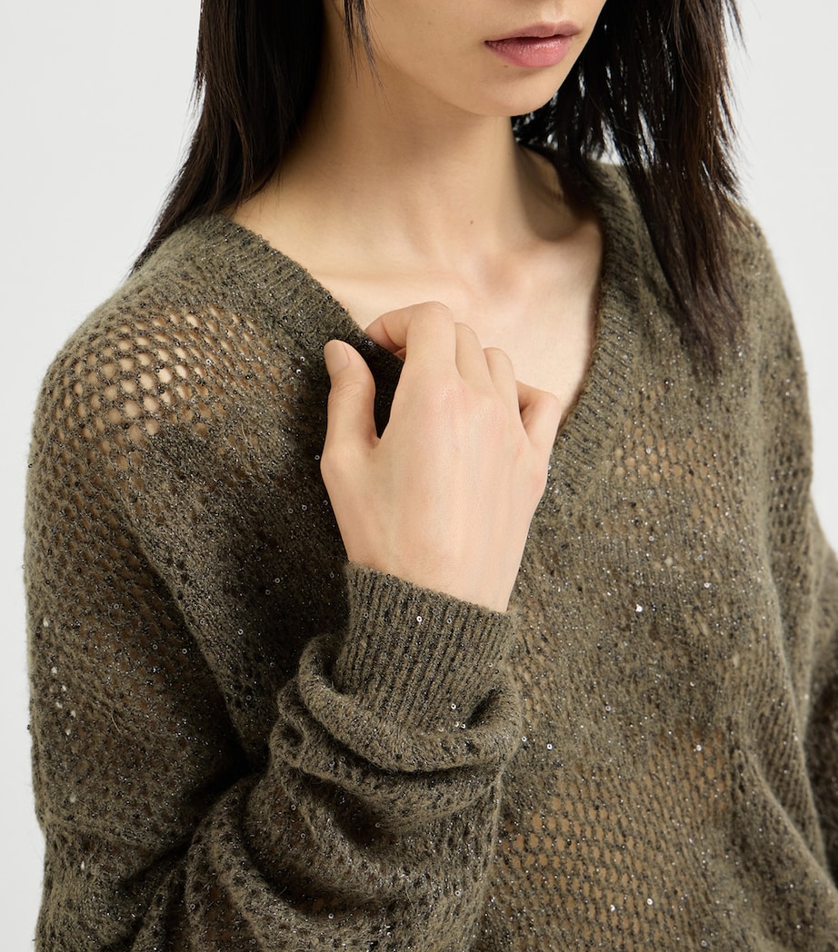 Brunello Cucinelli Womens Open-Work Embellished Sweater Militare Image 6
