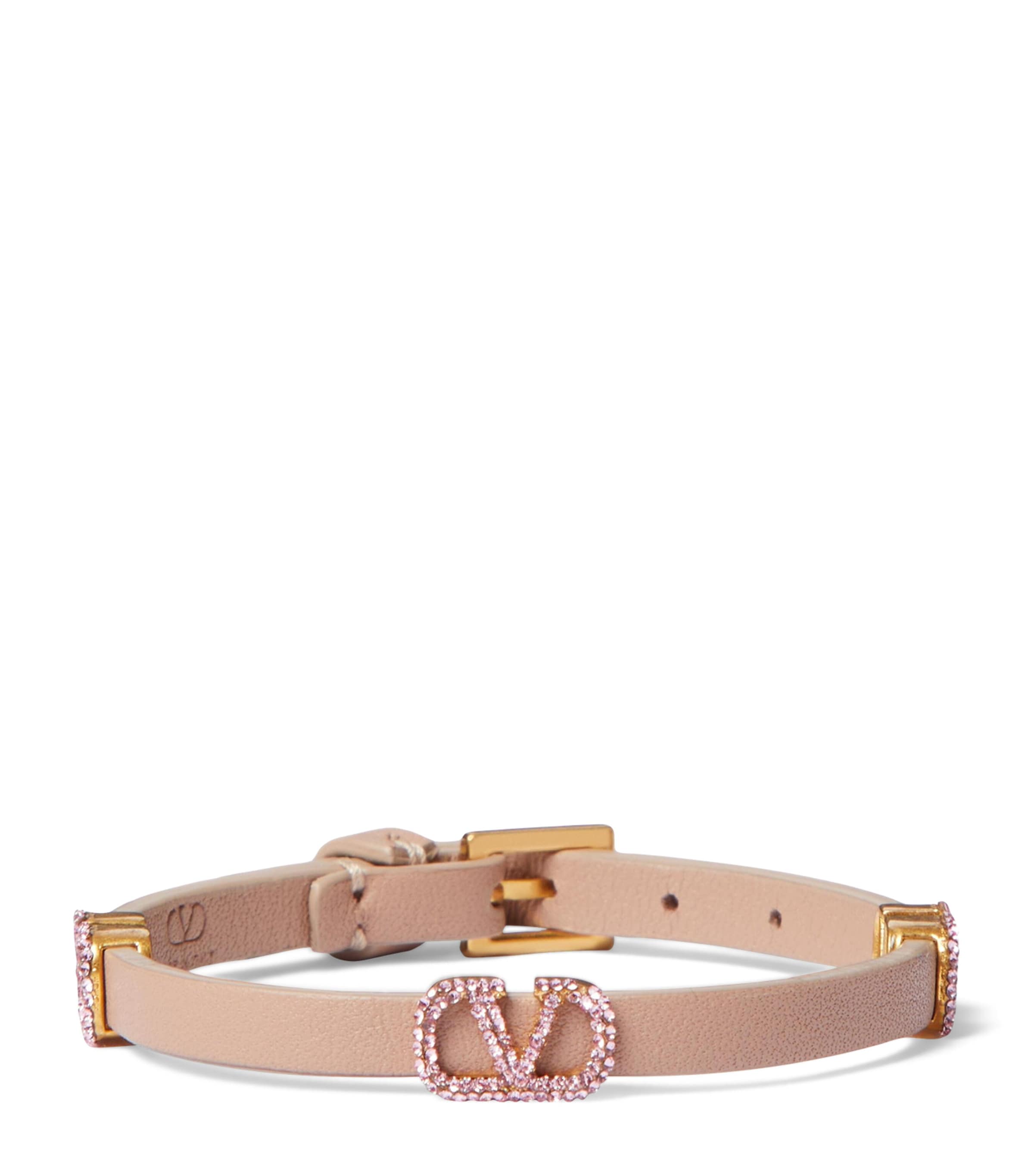 Valentino Garavani Leather Embellished Vlogo Bracelet In Pink