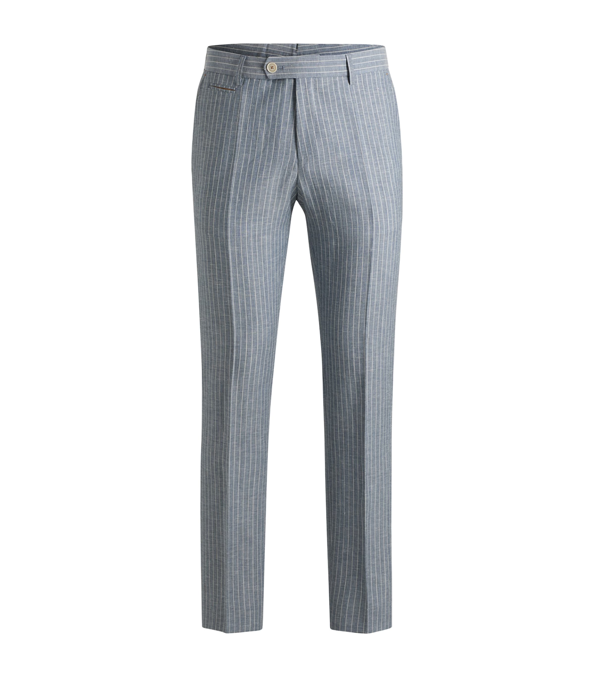 Hugo Boss Slim-fit Trousers In Striped Wool And Linen In Blue