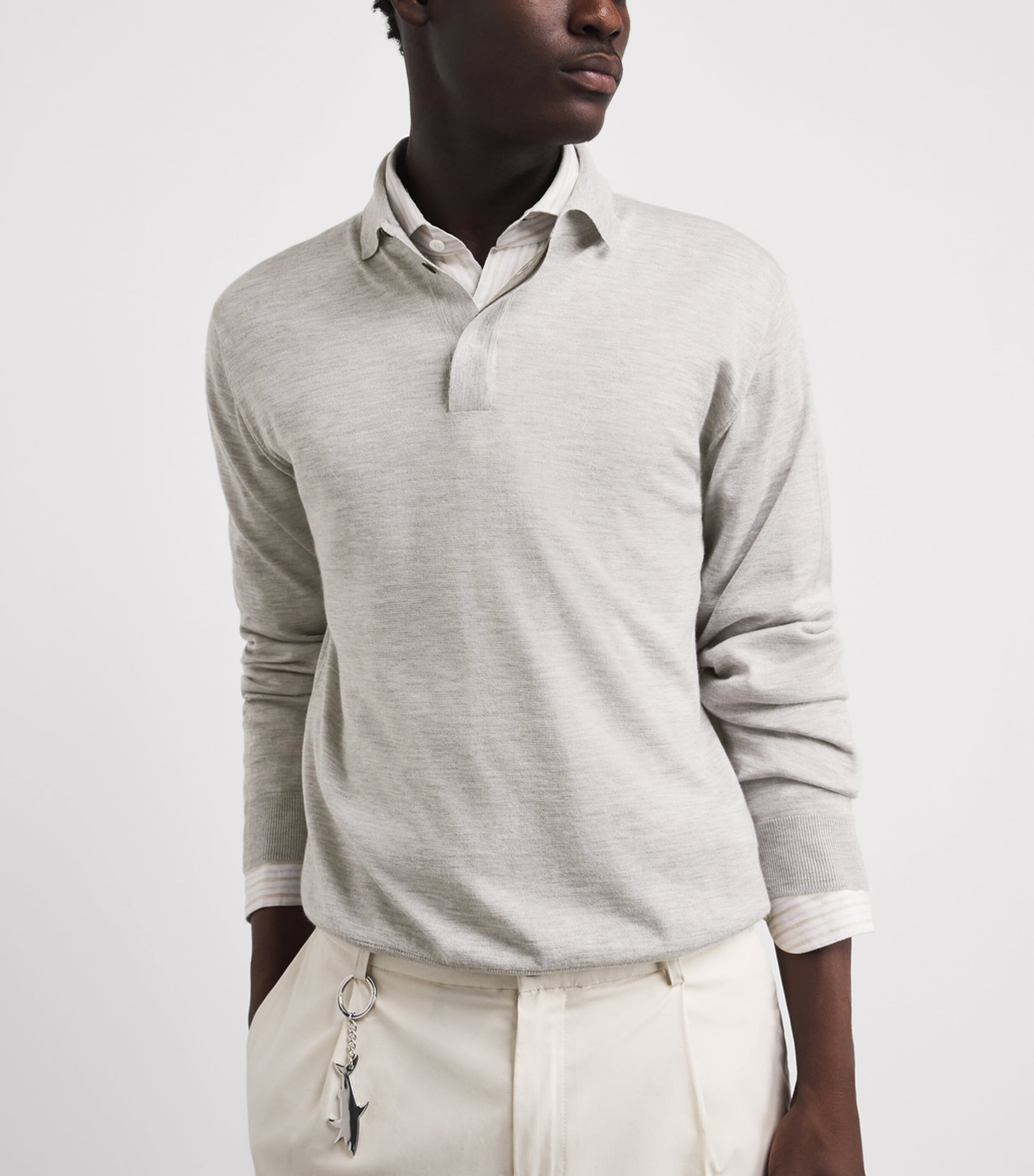 Paul & Shark Mens Cashmere-Silk Suede-Trim Polo Shirt Light Grey Image 3