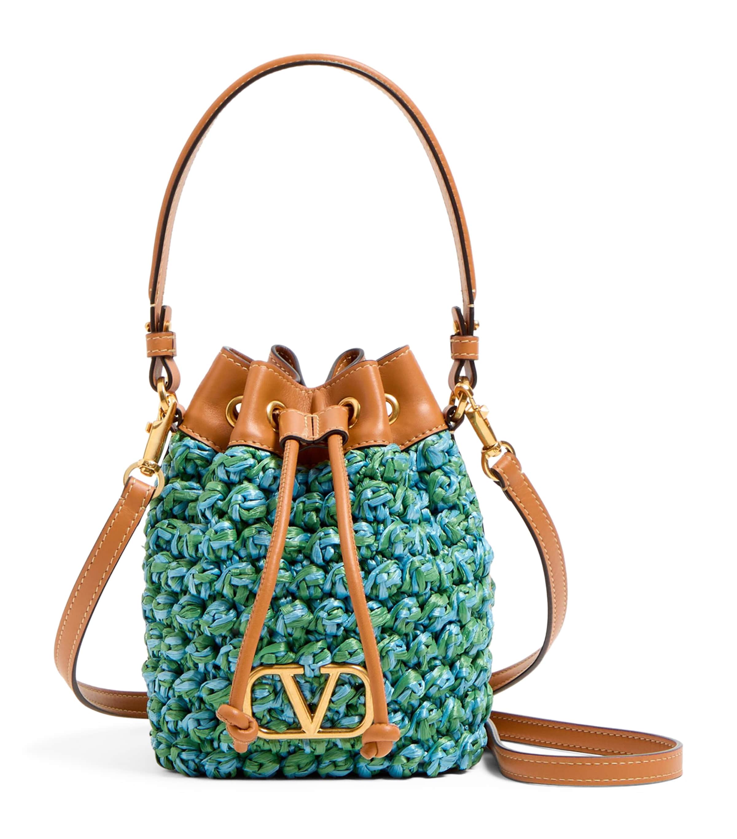 Valentino Vlogo Signature Mini Drawstring Crochet Bucket Bag In Green