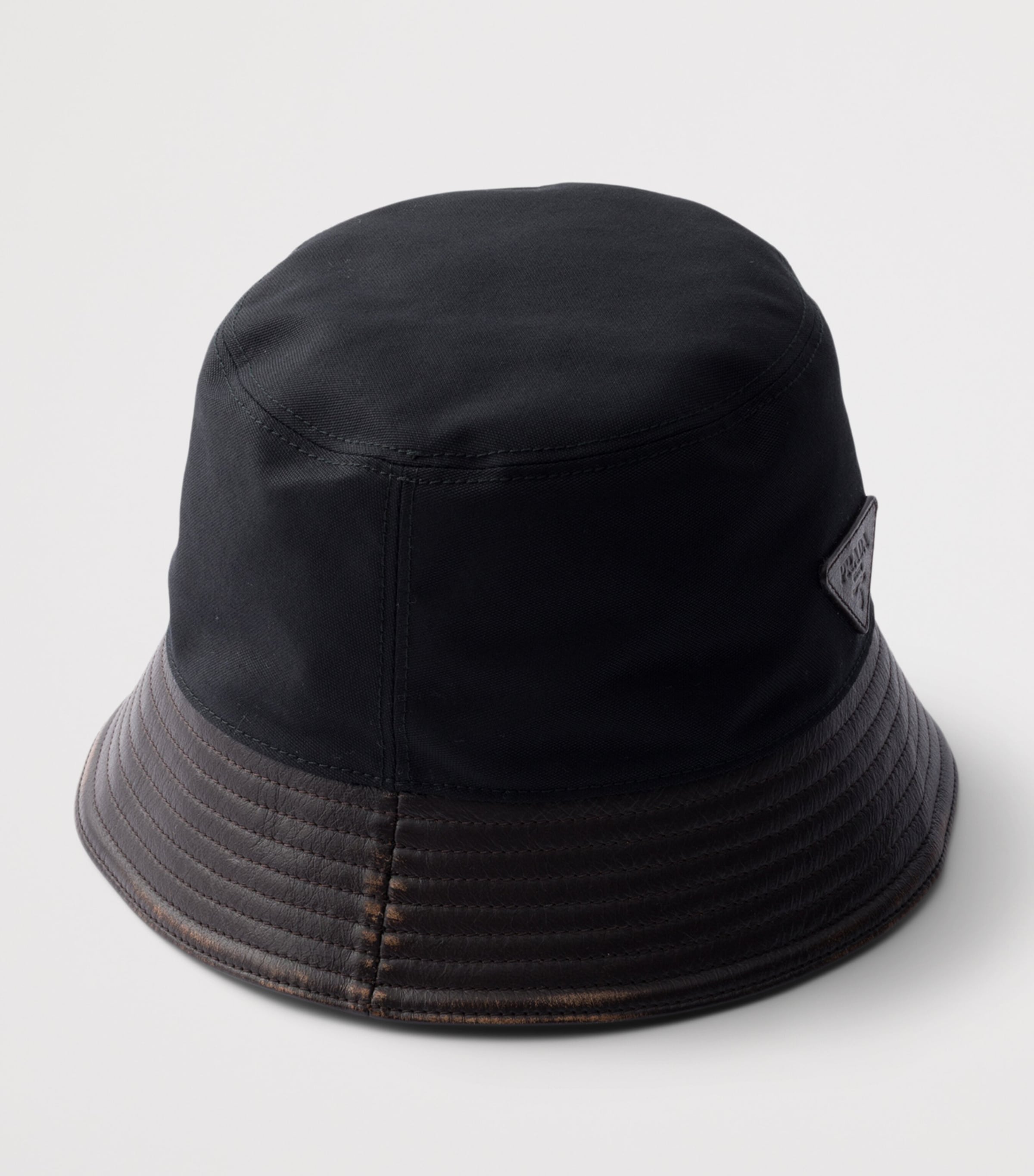 Prada Leather-Trim Logo Bucket Hat Black Image 3