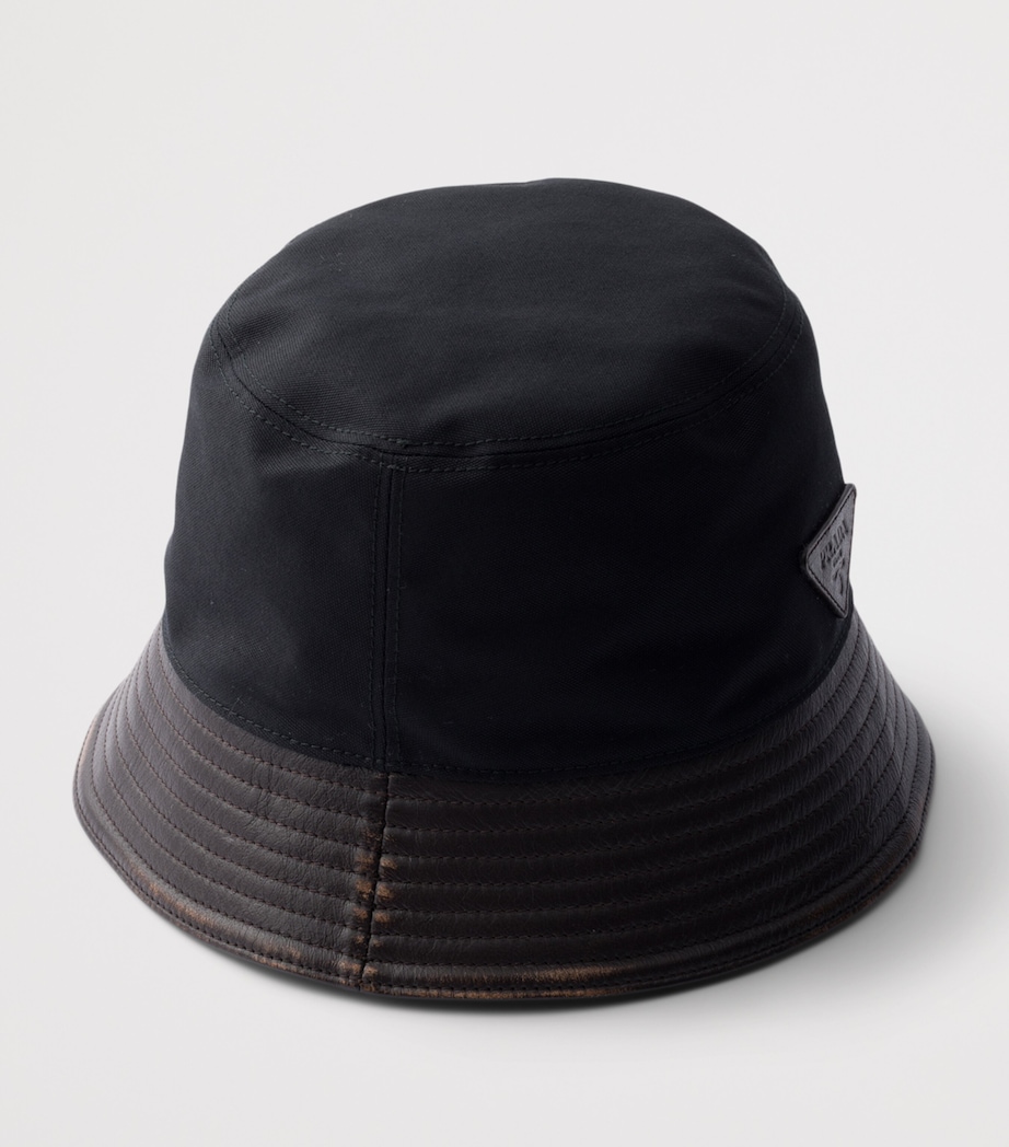 Prada Leather-Trim Logo Bucket Hat Black Image 3