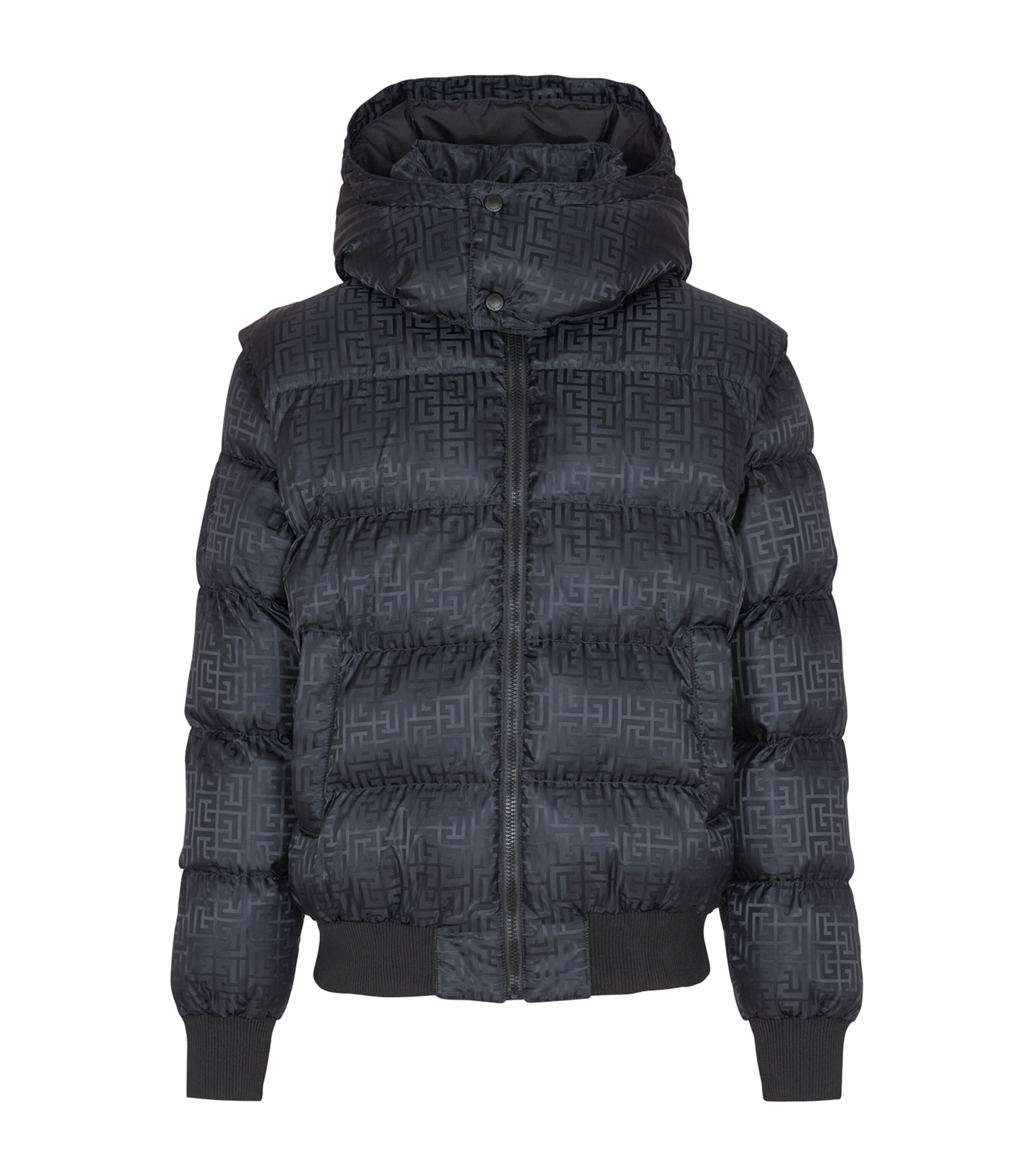 Balmain Short Nylon Jacquard Down Jacket With Black Monogram Men In Black