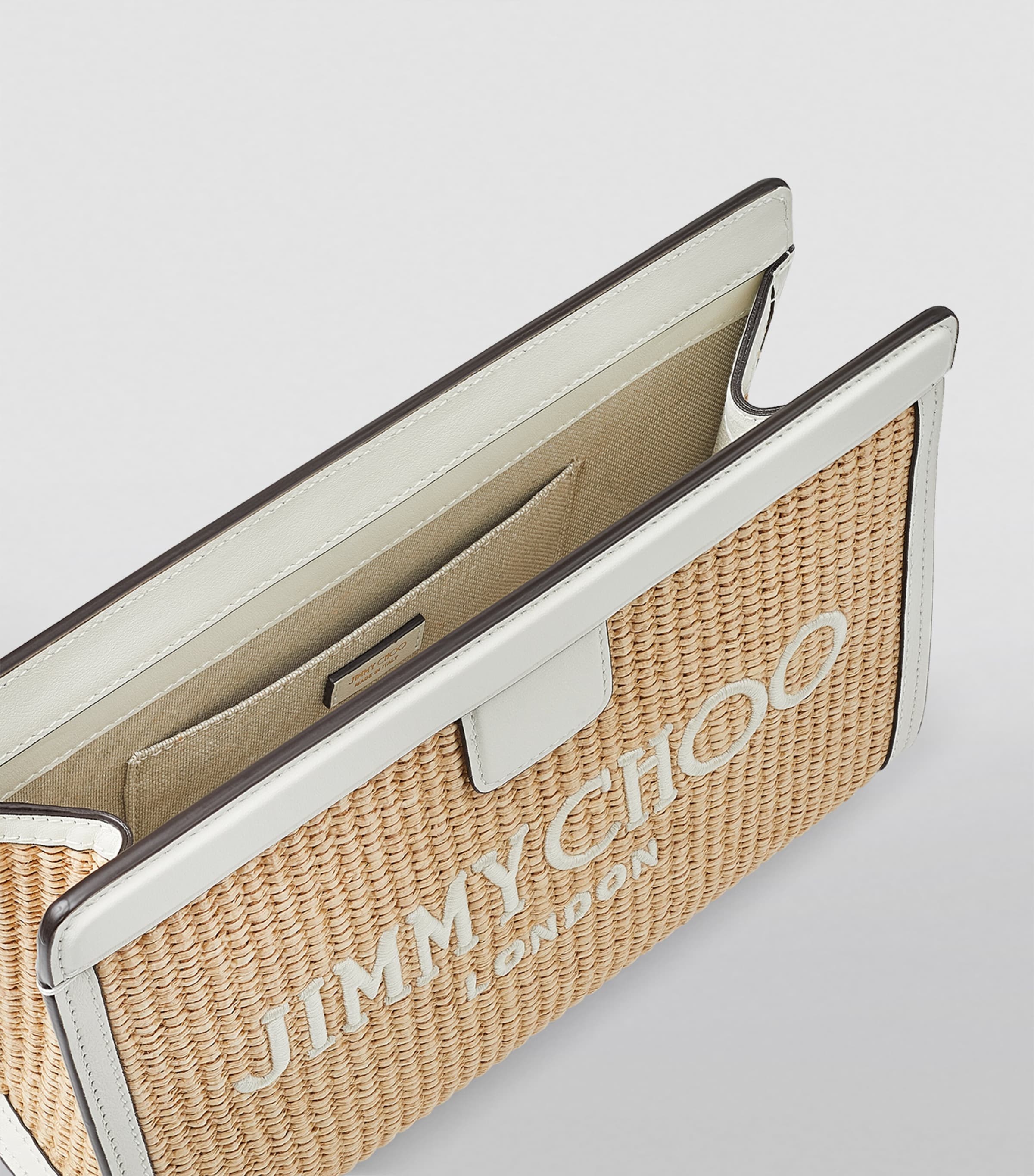 Jimmy Choo ポーチ Jimmy Choo White Raffia Leather-Trim Avenue Pouch | Harrods UK