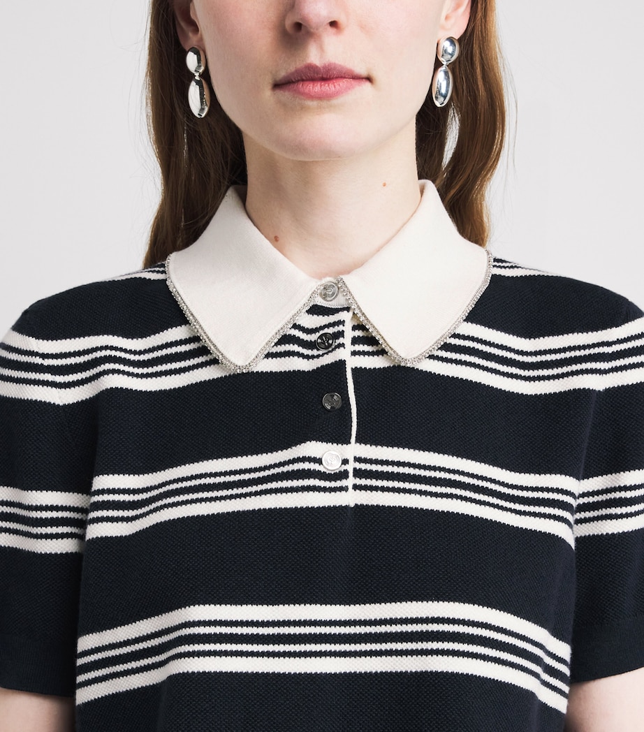 Maje Womens Embellished Stripe Polo Shirt Ecru/navy Blue Image 3