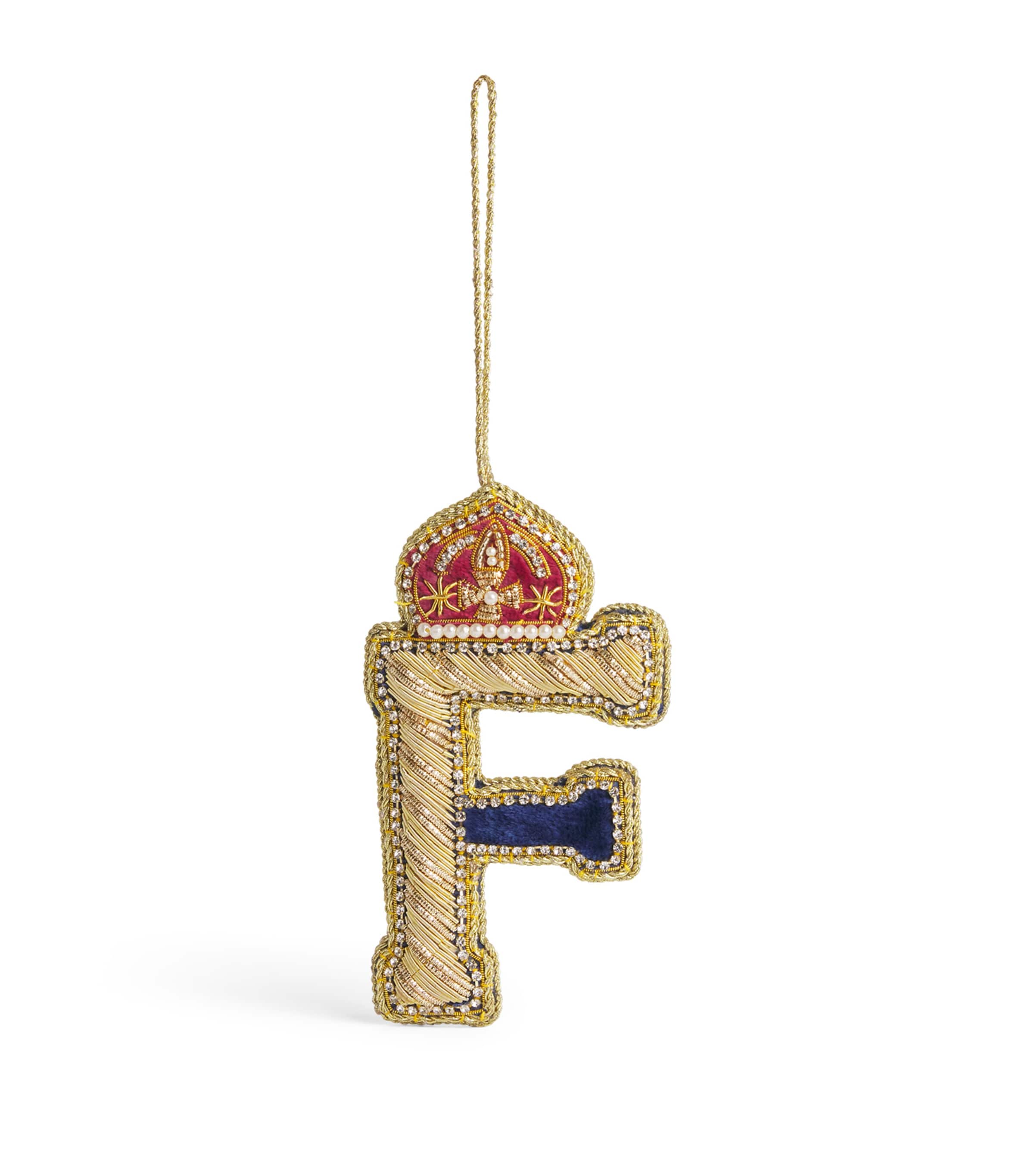 Tinker Tailor Velvet Crystal Letter F Tree Decoration Navy, Gold & Wine Image 1