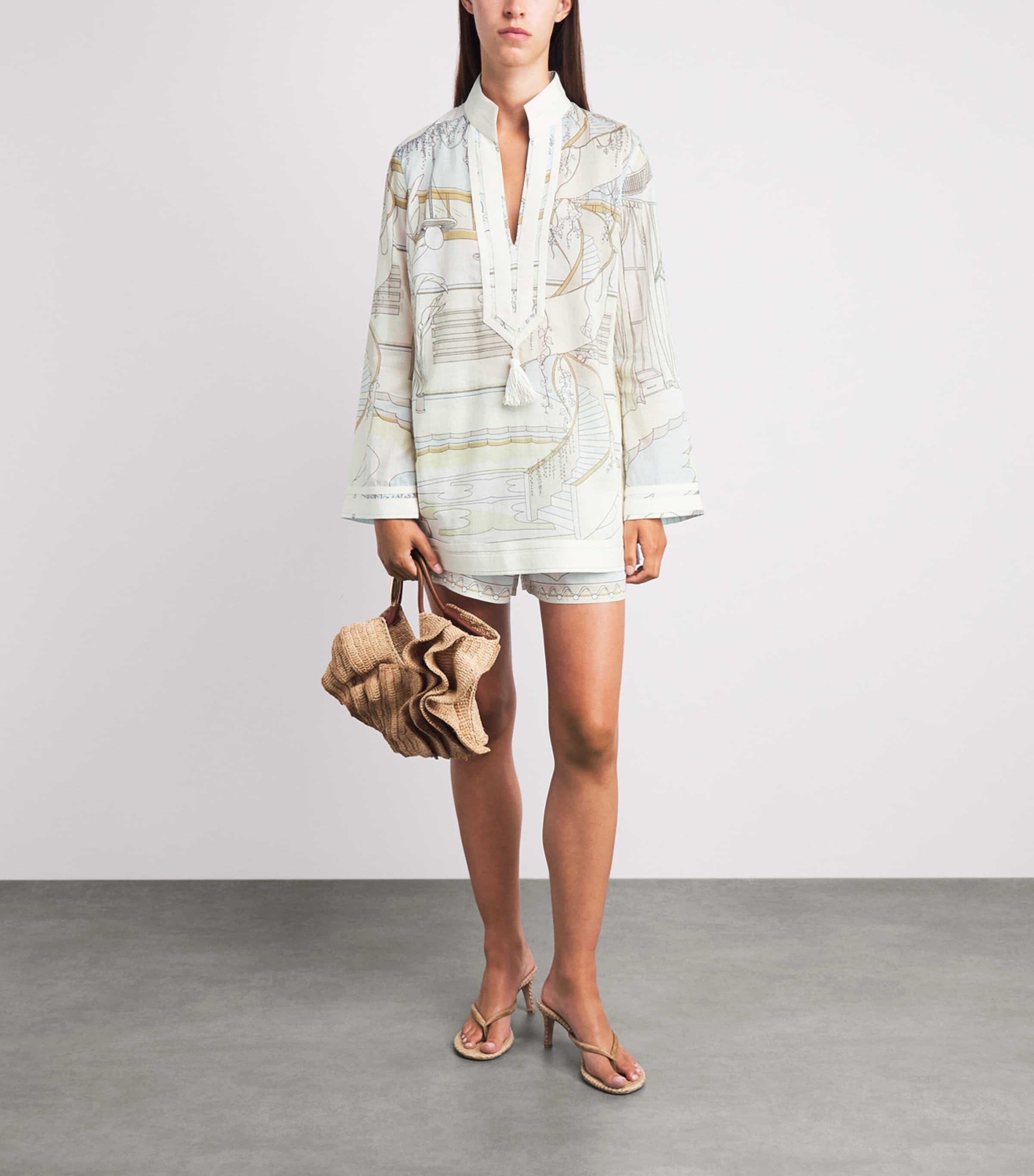 Tory Burch Womens Printed Plunge-Neck Mini Dress The Pool Beige Image 2