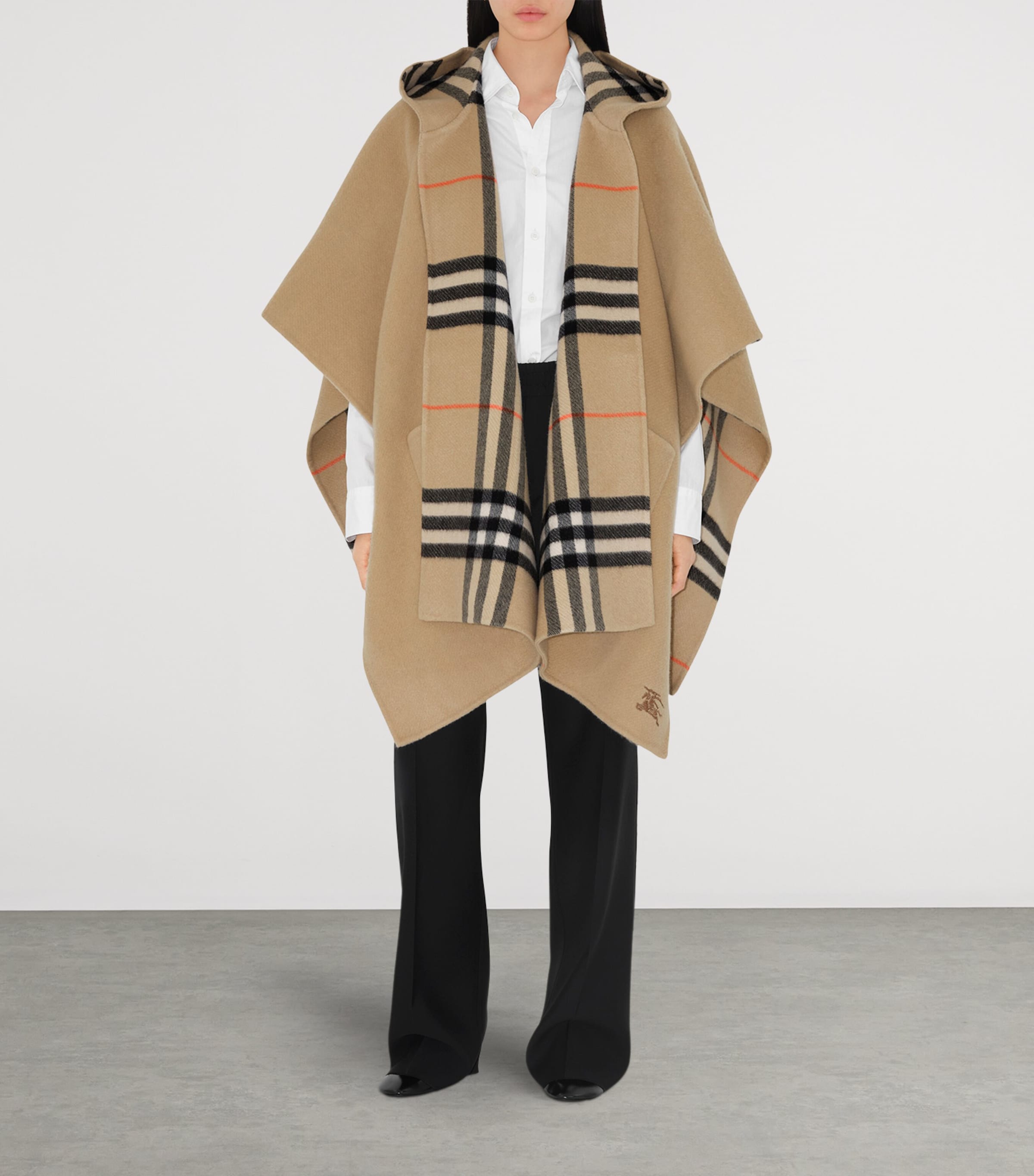 Cashmere Reversible Check Hooded Cape SAND Image 2