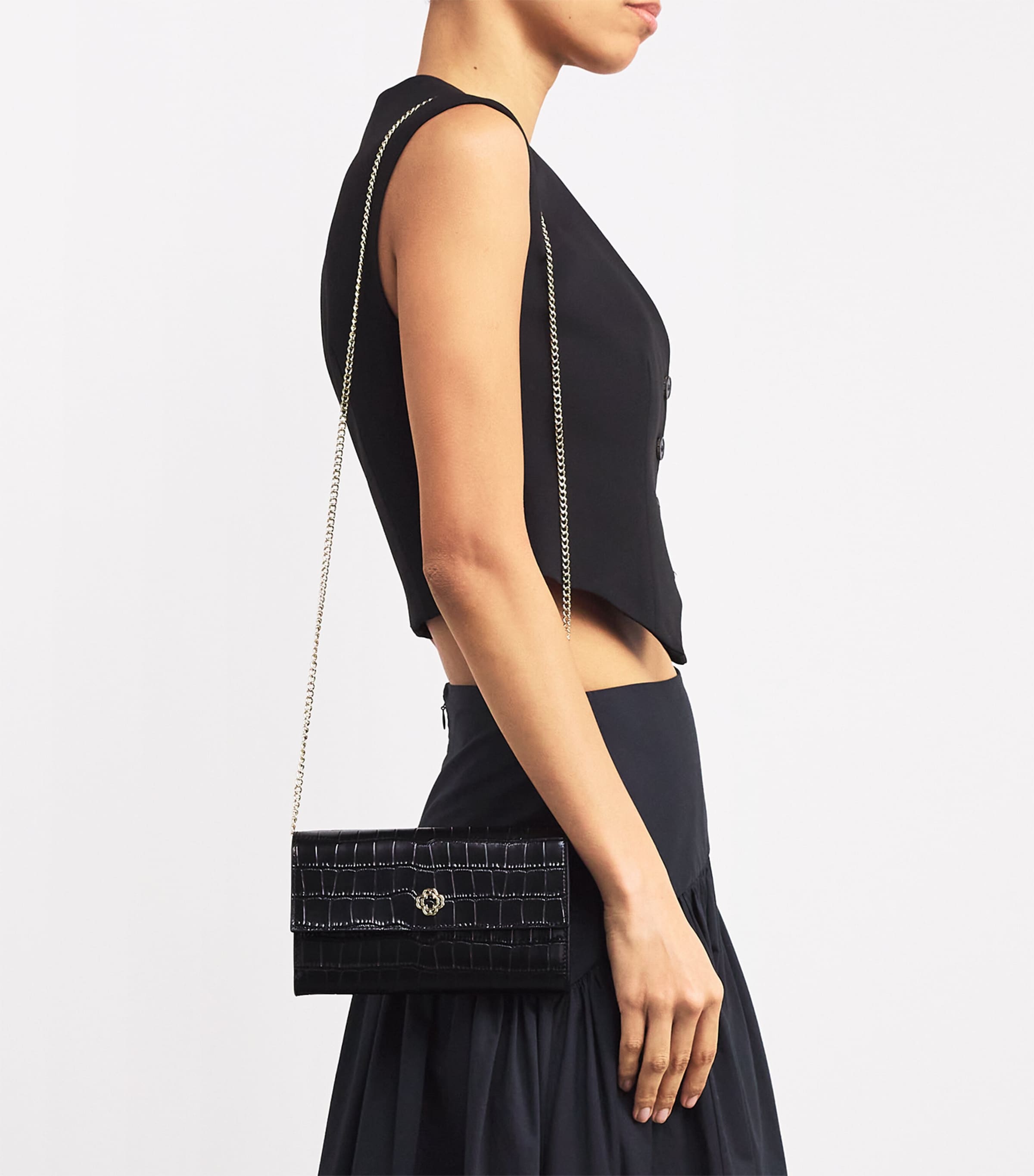 Maje Croc-Embossed Leather Chain Wallet Black Image 2