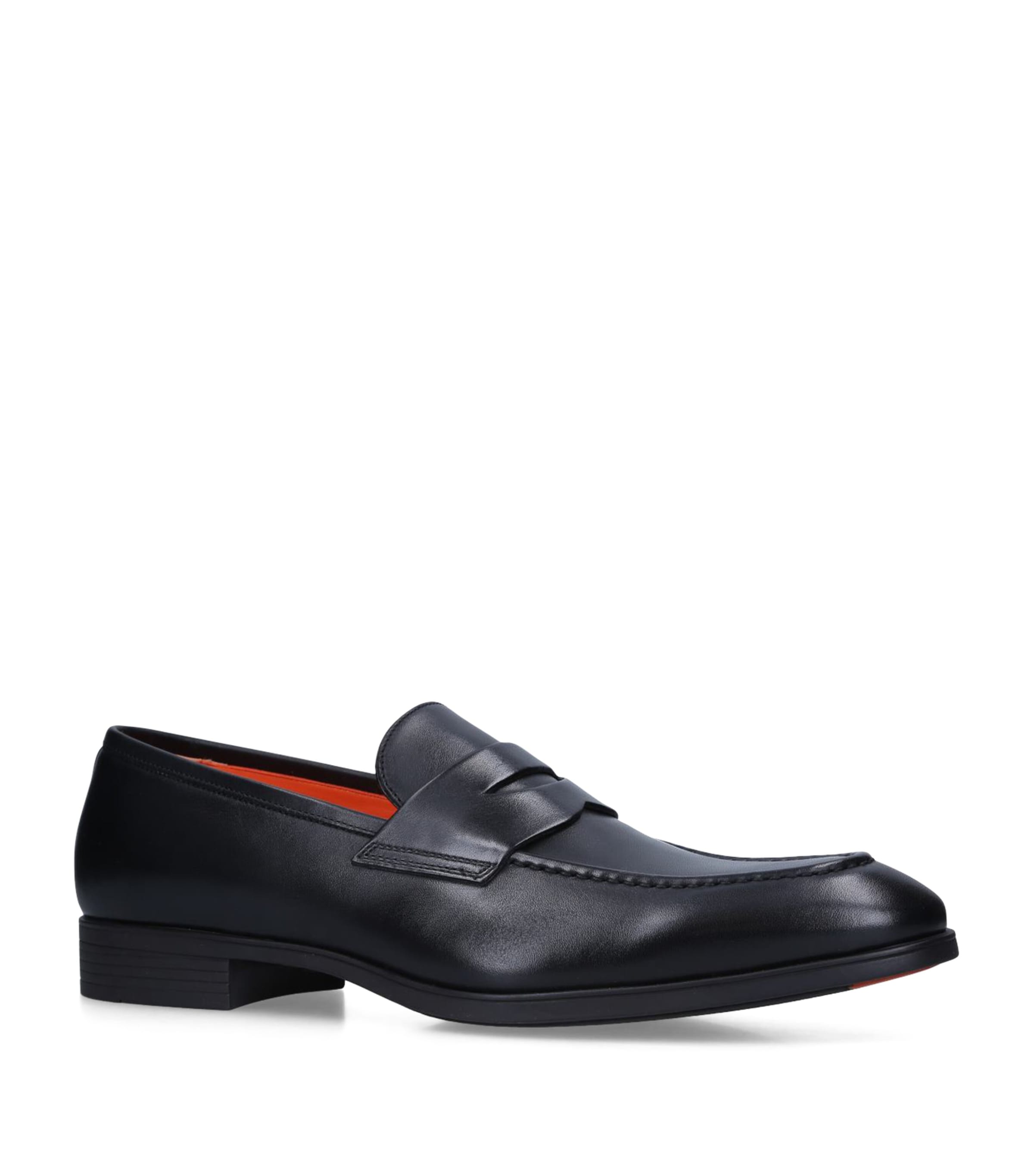 Santoni Leather Simon Penny Loafers In Black