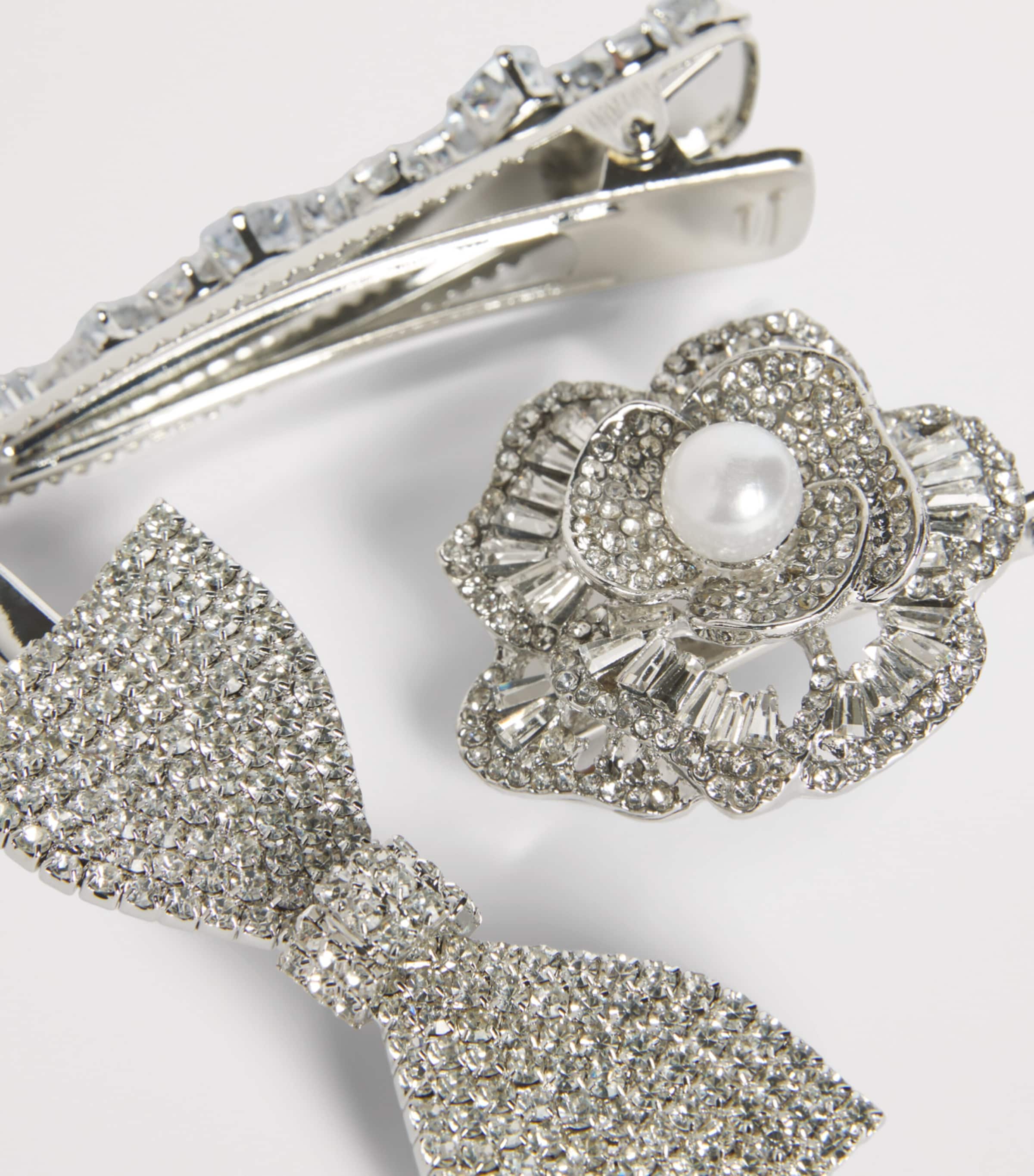 Monnalisa Crystal-Embellished Hair Clips (Set of 3) Bianco+argento Image 2