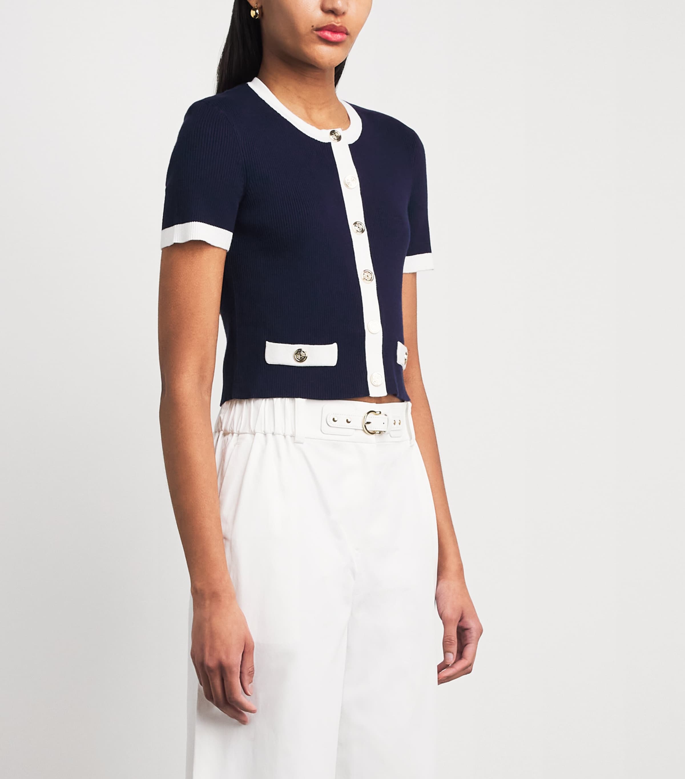 Maje Womens Contrast-Trim Cropped Cardigan Navy / Ecru Image 4