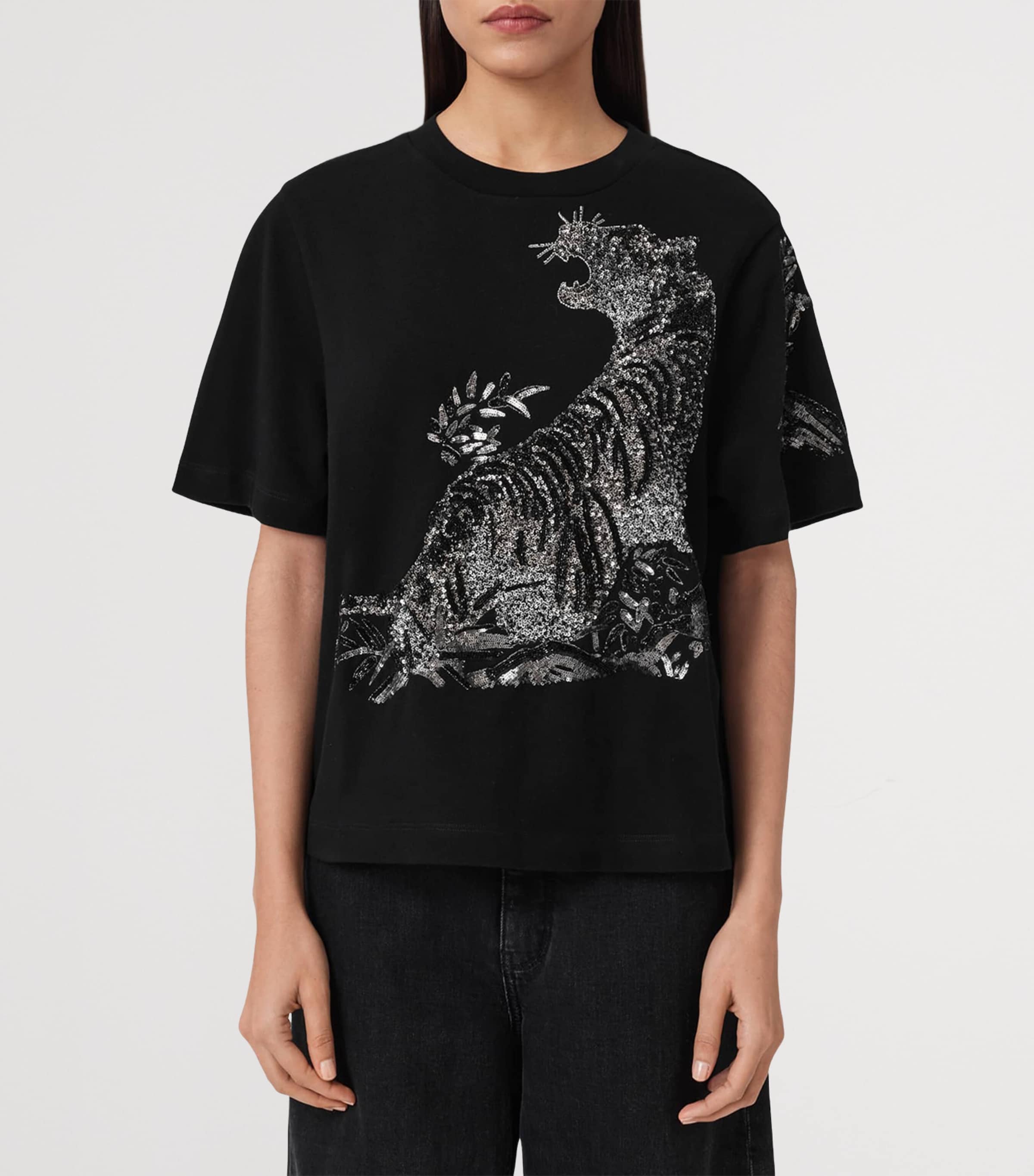 AllSaints Womens Organic Cotton Sequinned Lisa T-Shirt Black Image 3
