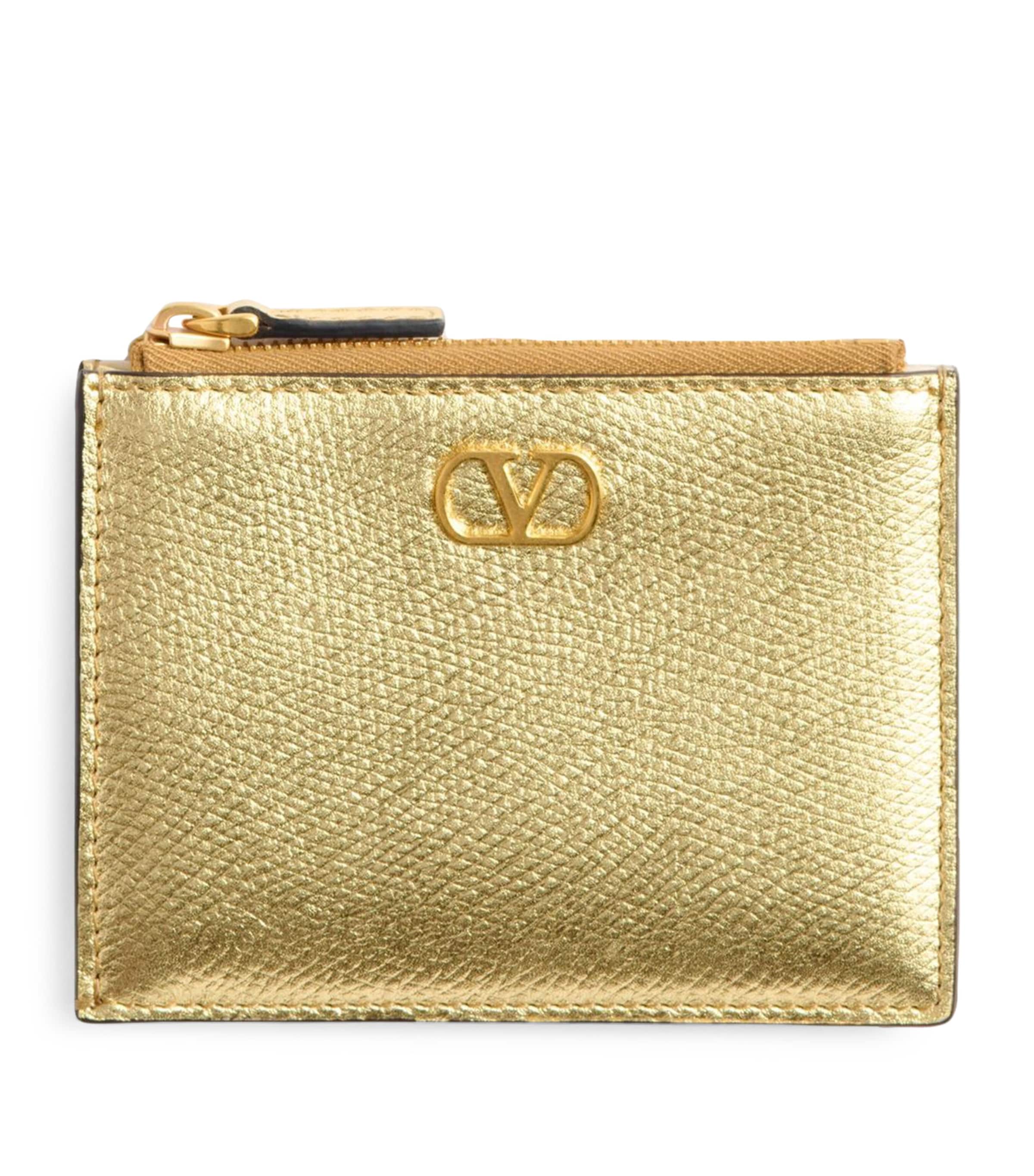 Shop Valentino Leather Vlogo Coin And Card Holder In Gold