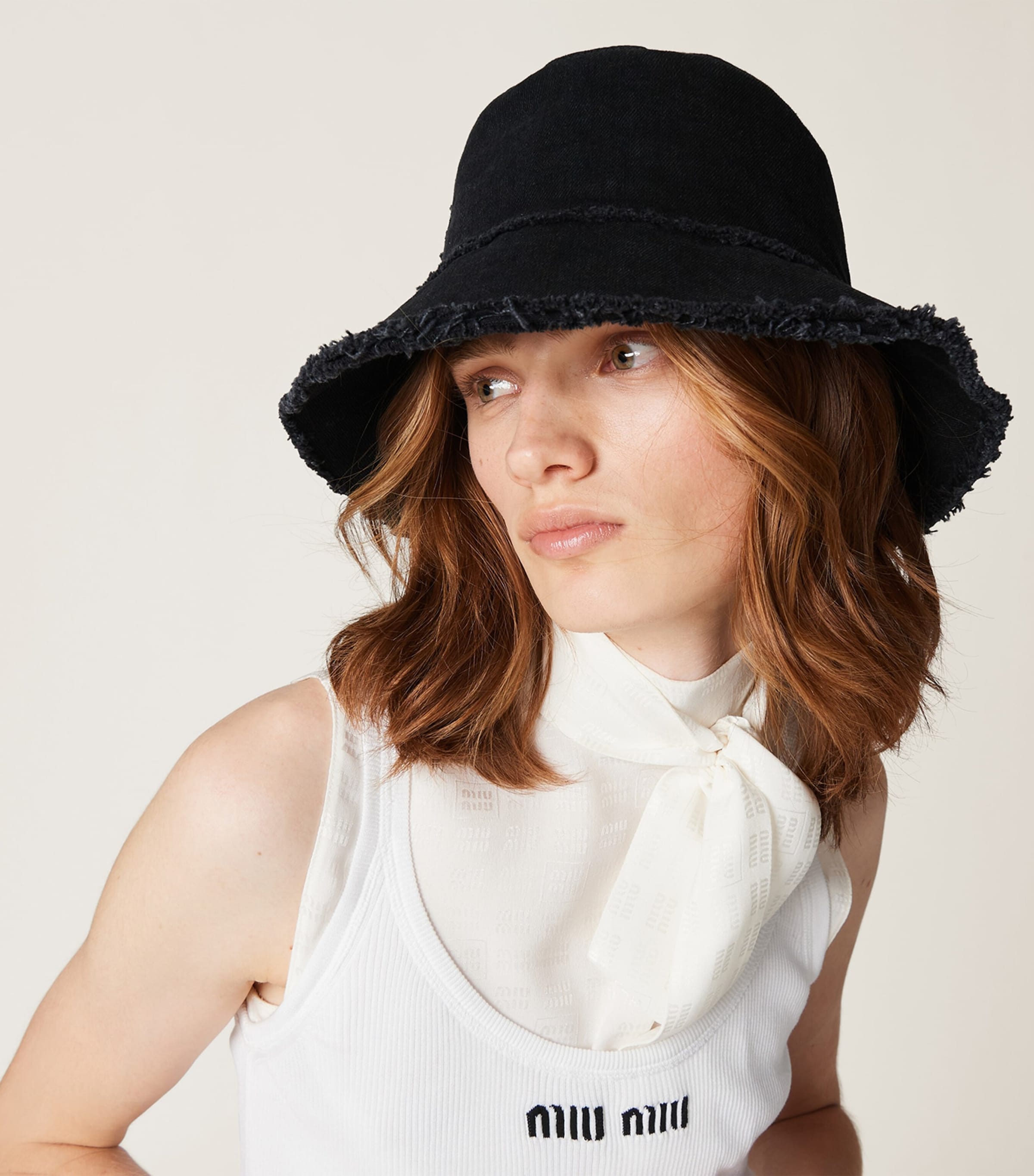 Miu Miu Black Denim Logo Bucket Hat | Harrods UK