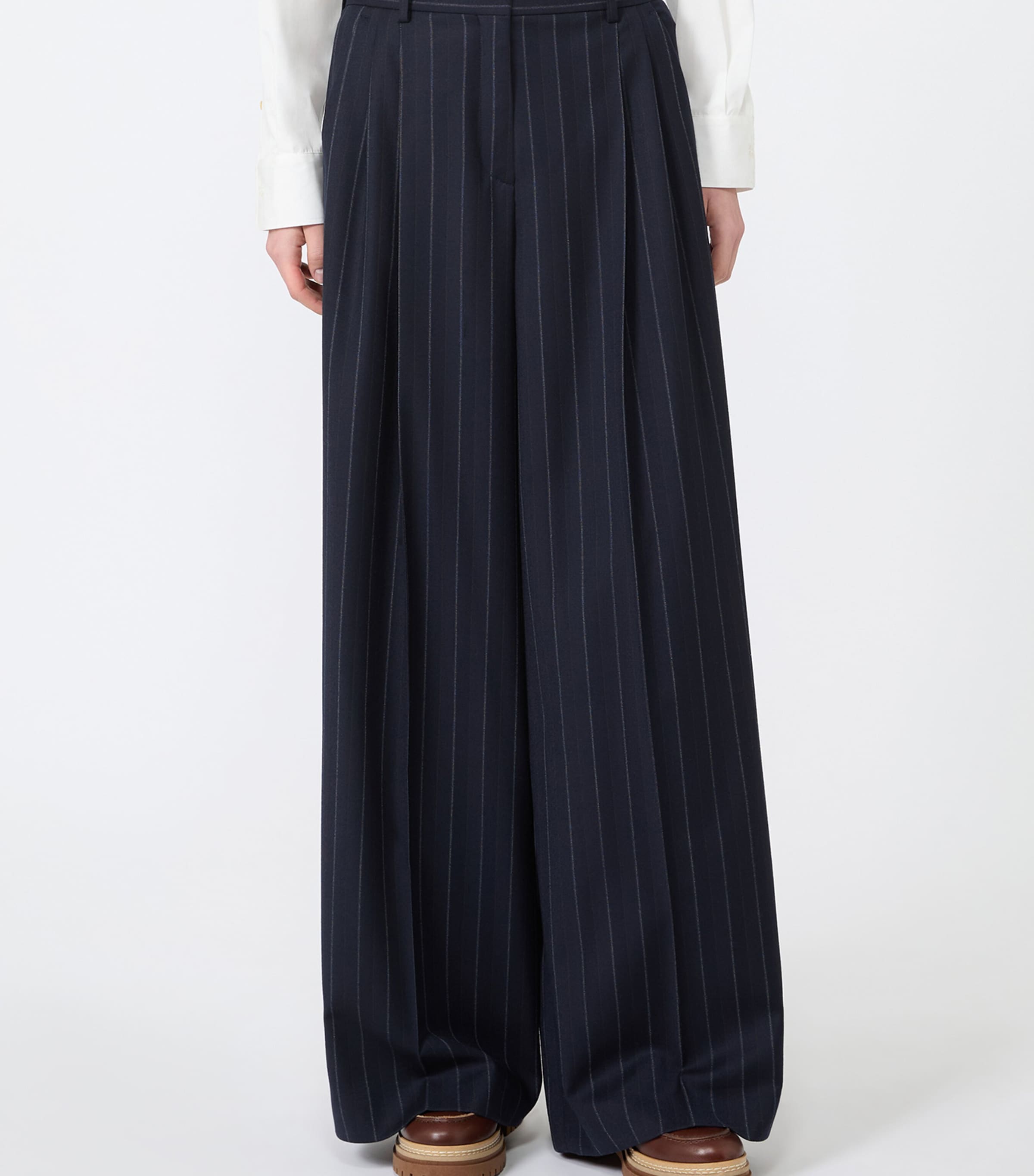 Weekend Max Mara Womens Stretch-Virgin Wool Pinstripe Wide-Leg Trousers Navy Image 3