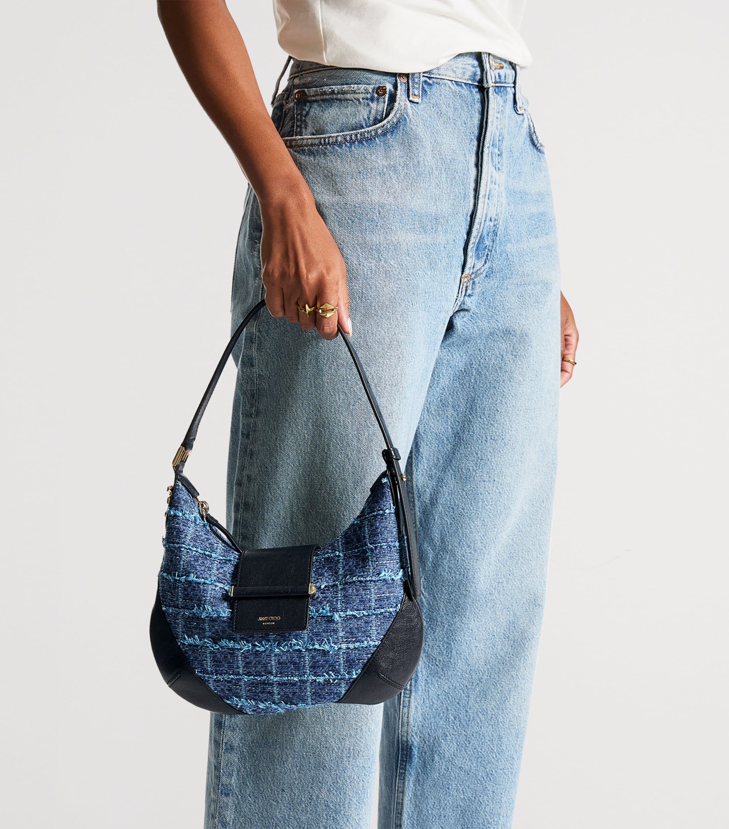 Jimmy Choo Leather-Denim Bar Shoulder Bag Denim Grid/marine/sh Image 2