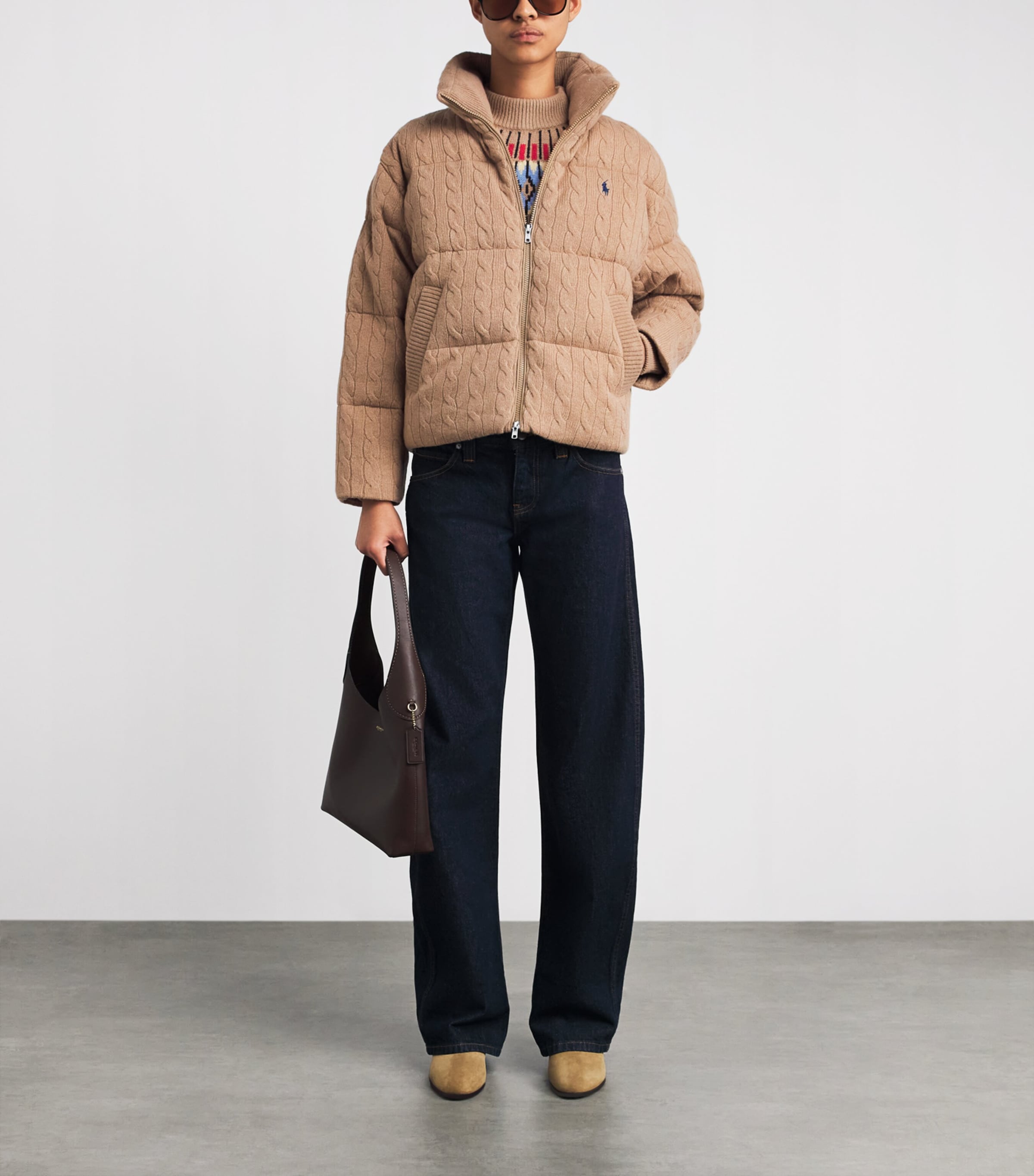 Polo Ralph Lauren Beige Wool-Cashmere Cable-Knit Bomber Jacket