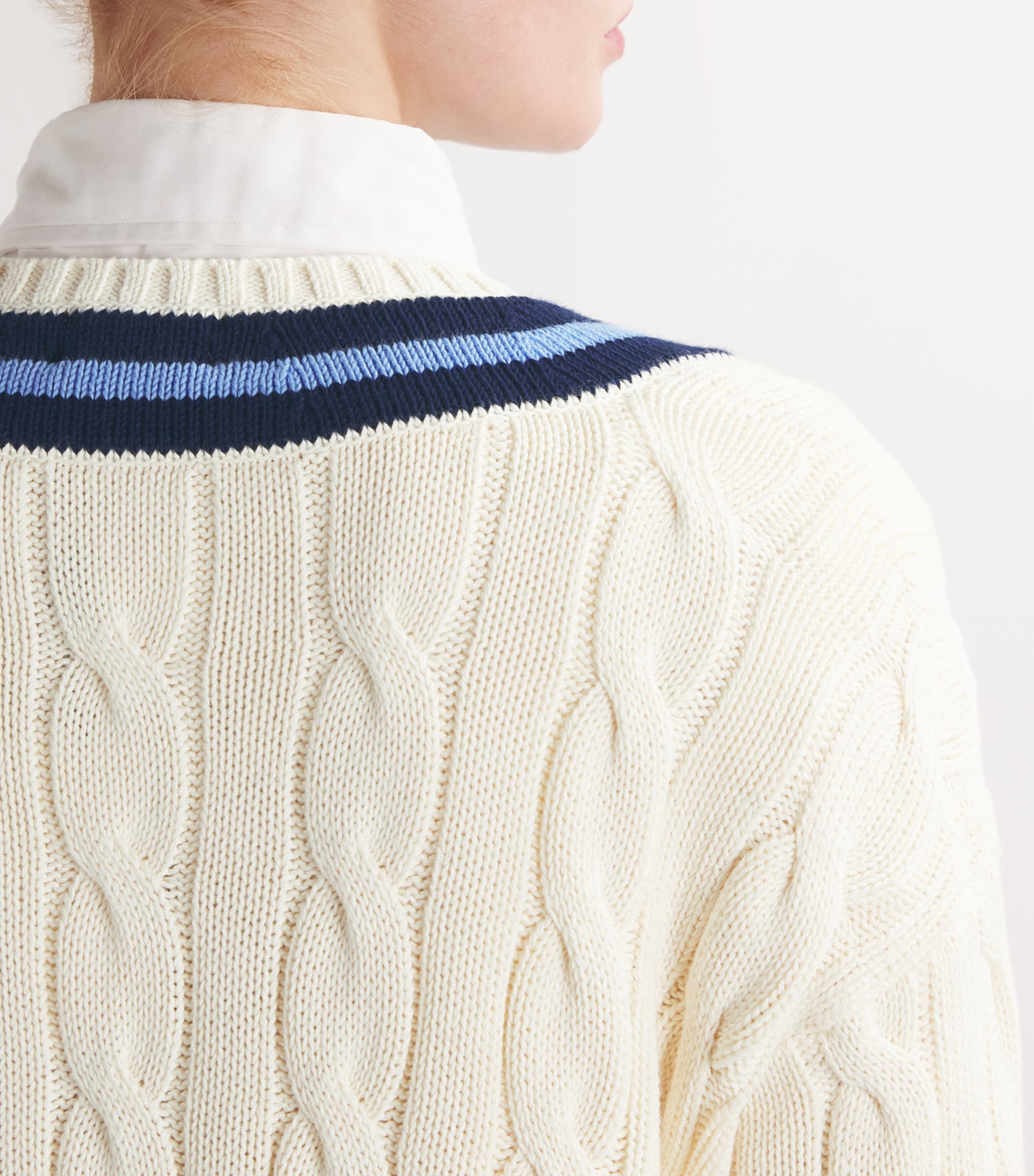 Polo Ralph Lauren Womens Cable-Knit Cricket Sweater Cream W/ Navy Stripe Image 6