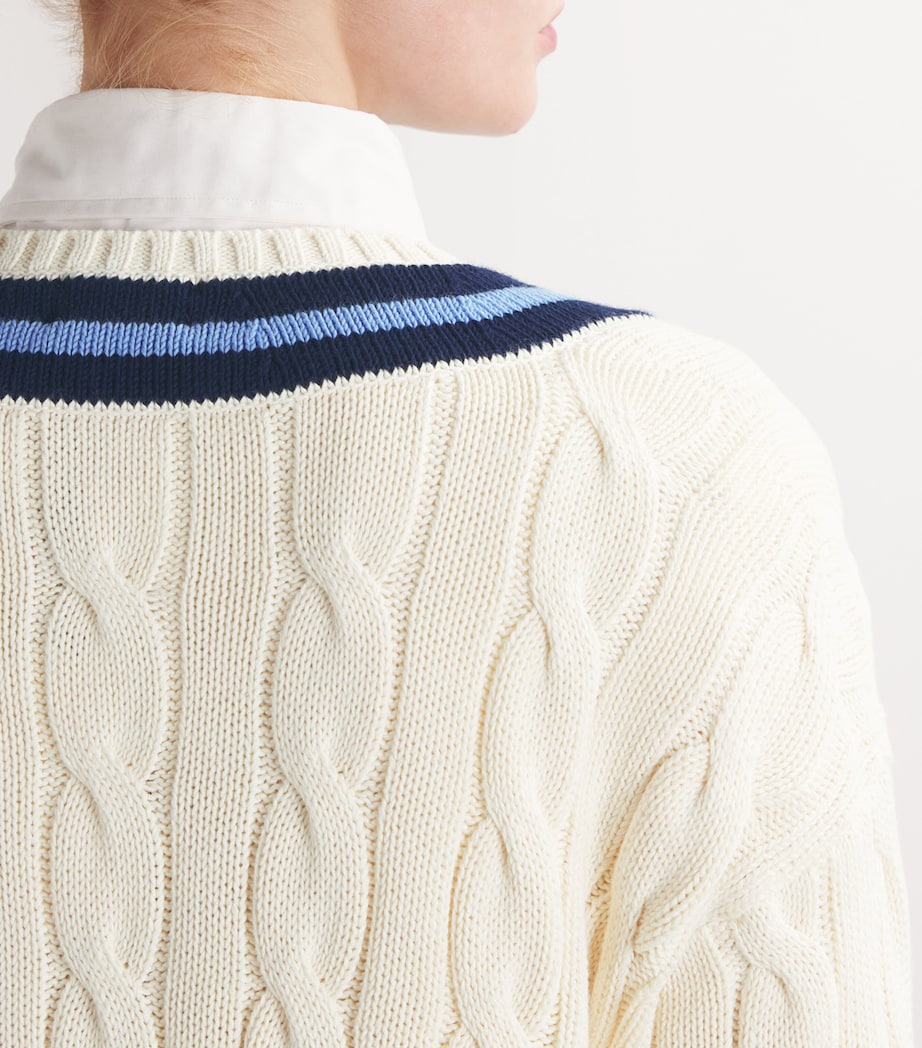 Polo Ralph Lauren Womens Cable-Knit Cricket Sweater Cream W/ Navy Stripe Image 6