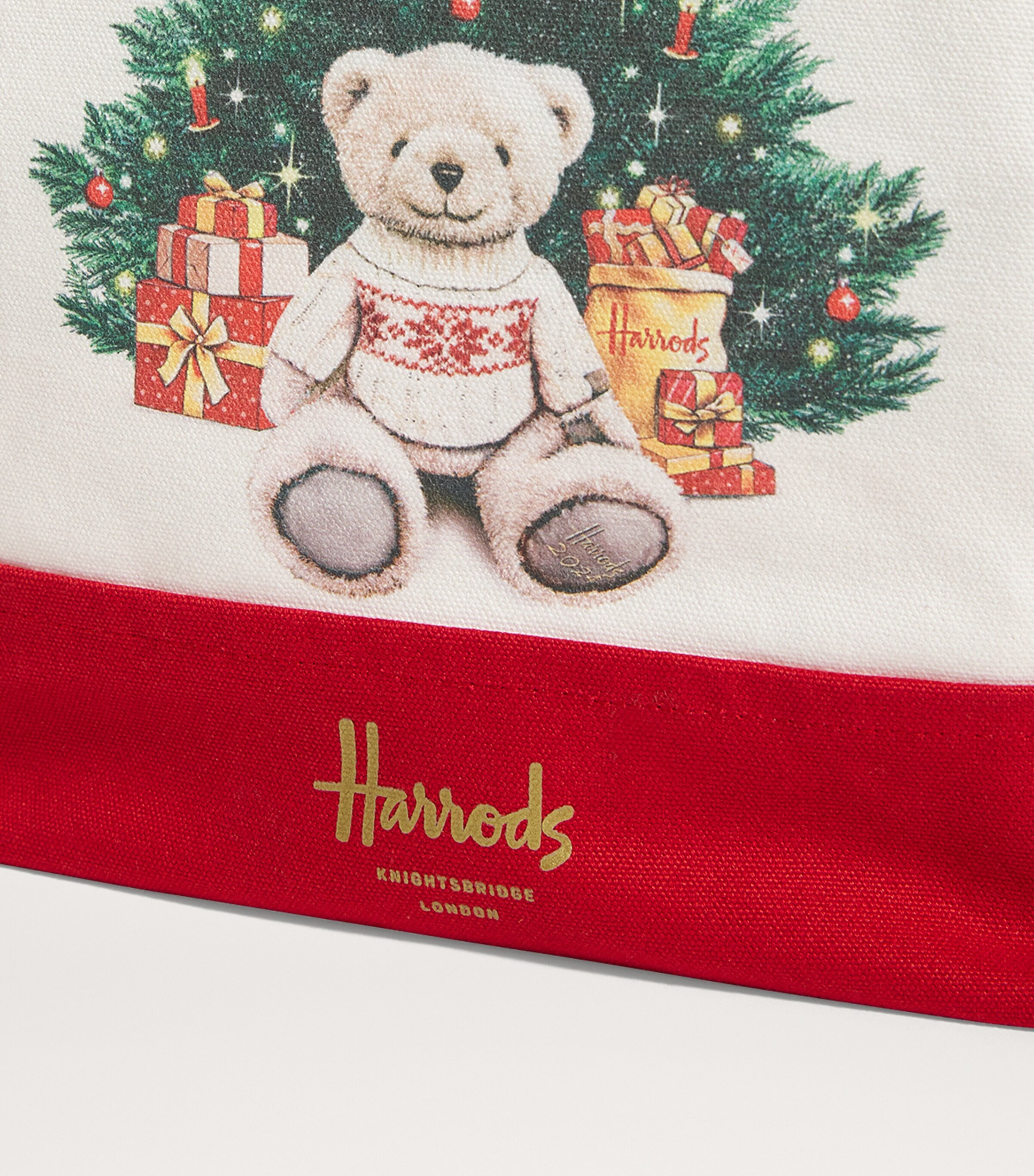 Harrods Cotton Christmas Bear Tote Bag Red Image 3