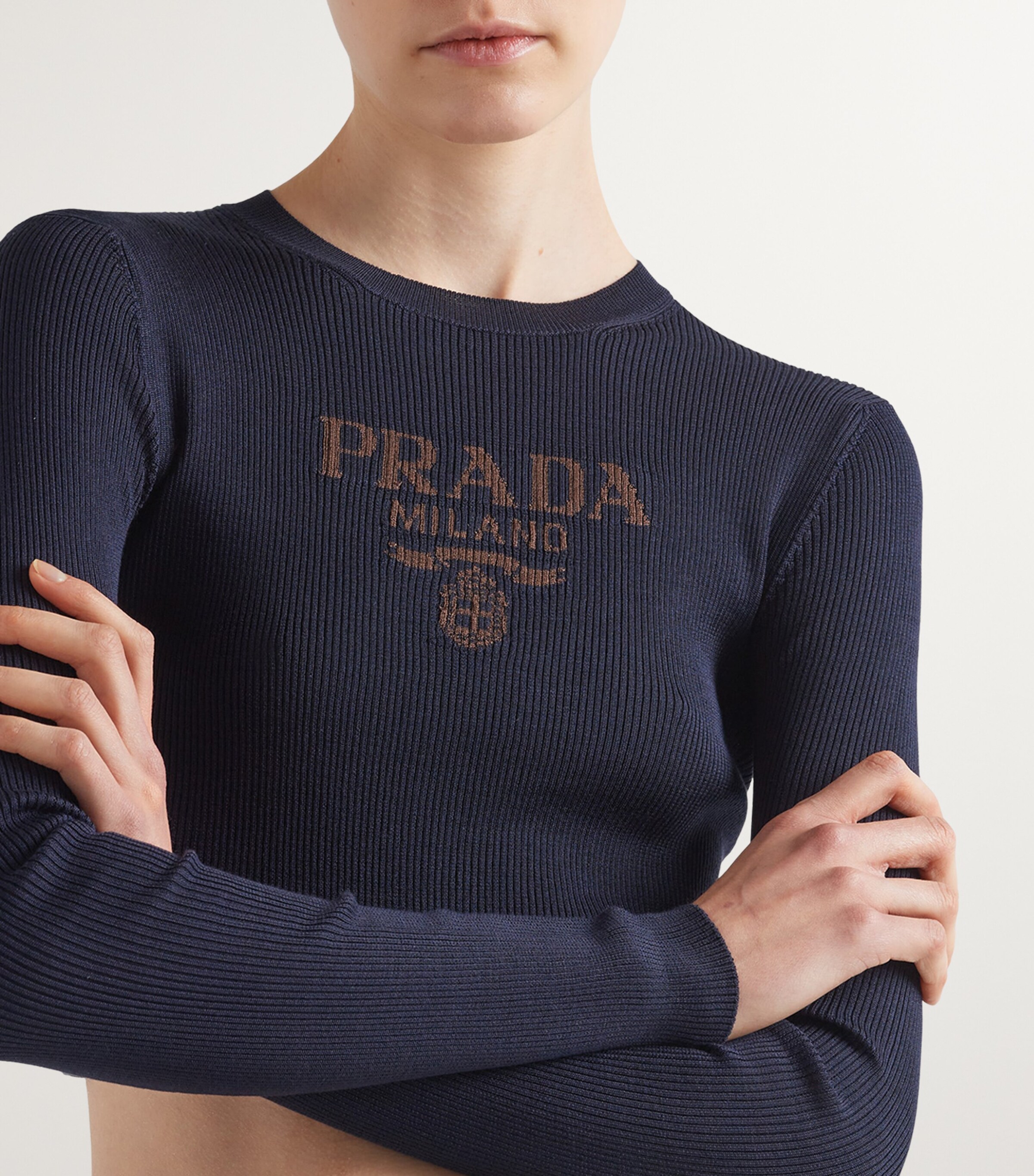 23FW PRADA cable knit big logo navy 40 Prada Blue Silk Cropped