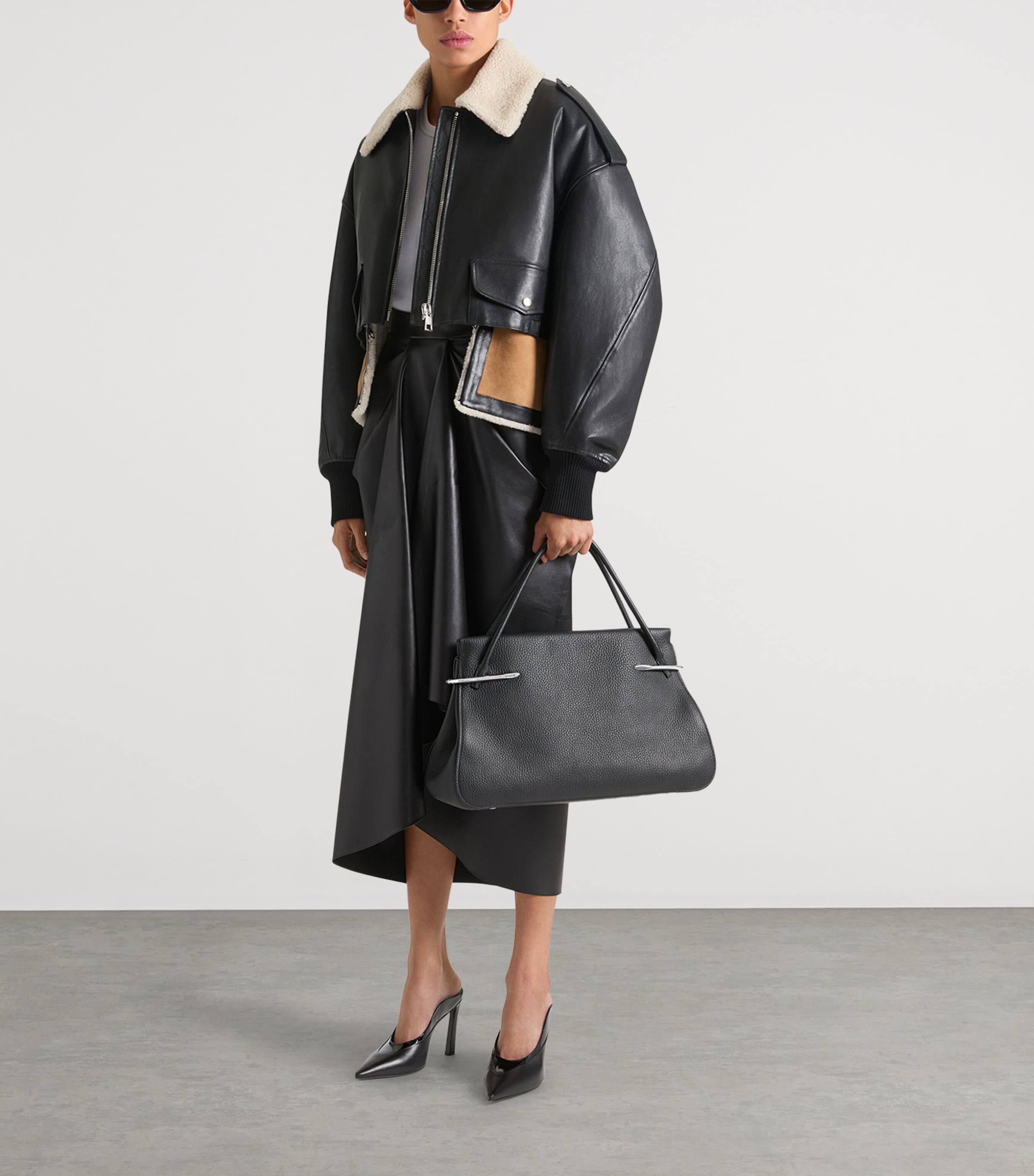 Leather-Shearling Cropped Aviator Jacket BLACK Image 2