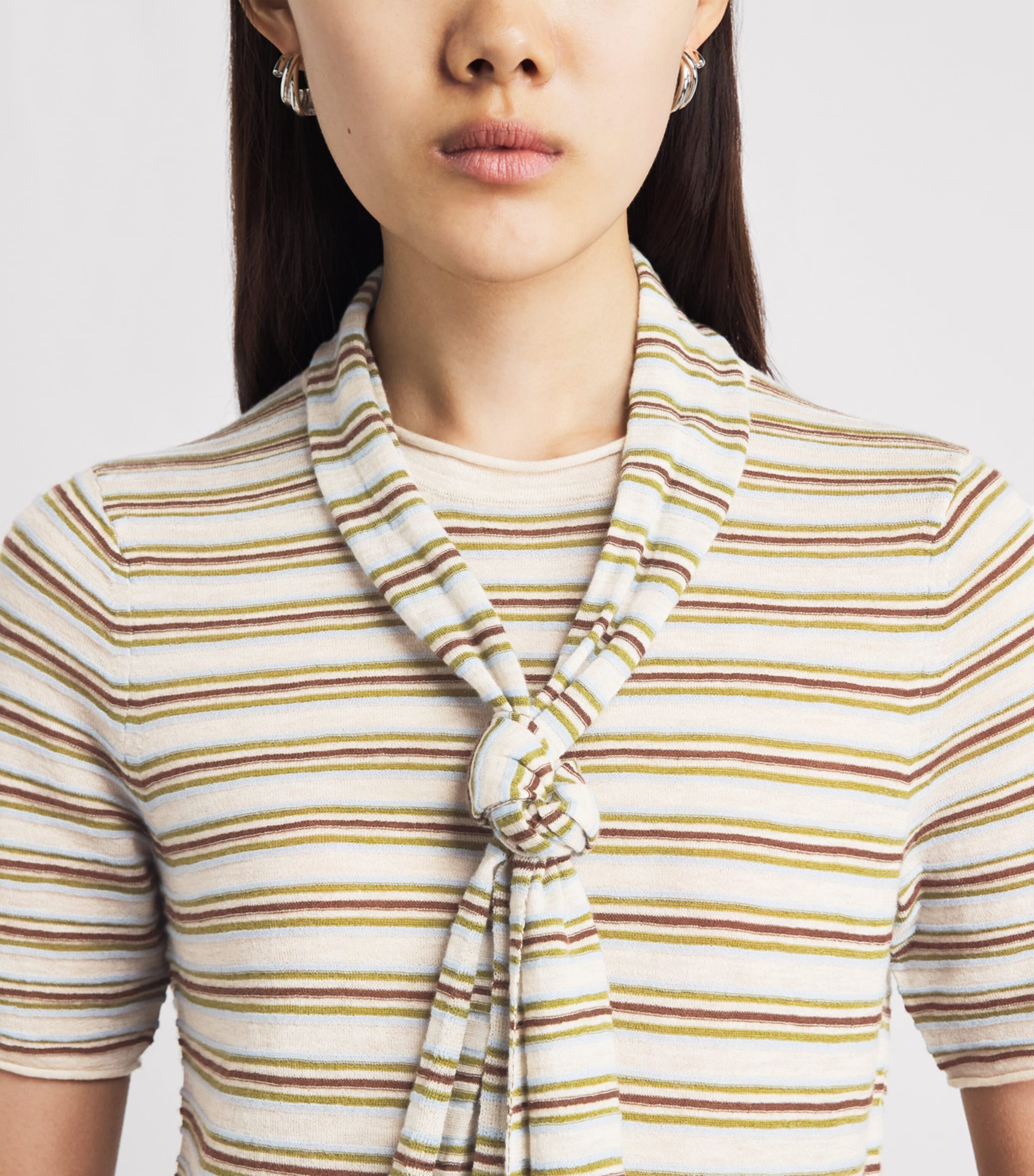 ME+EM Womens Wool-Cashmere Stripe Barely There T-Shirt Oatmeal Multi Image 3