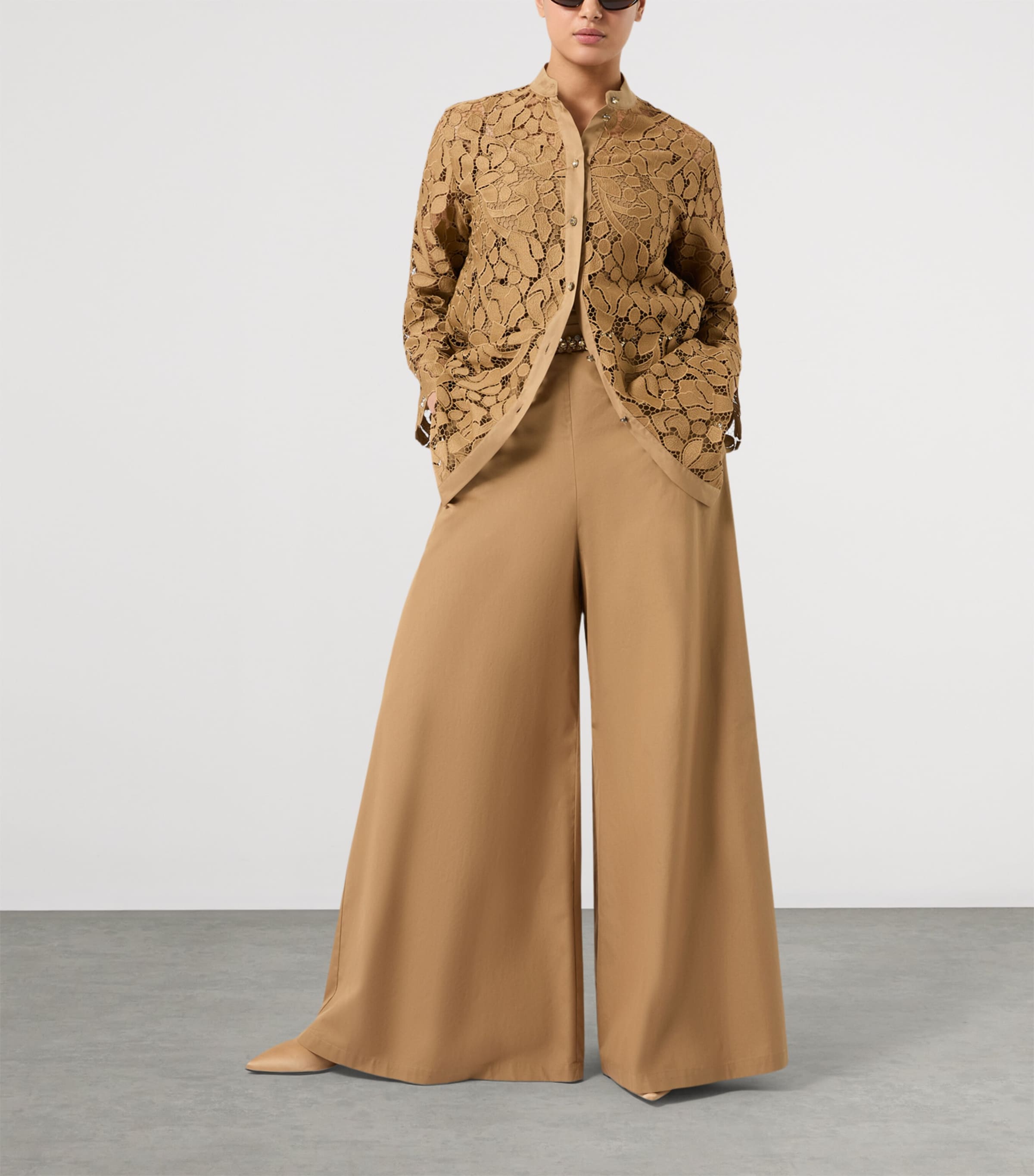 Marina Rinaldi Womens Cotton Poplin Wide-Leg Trousers Camel Image 2