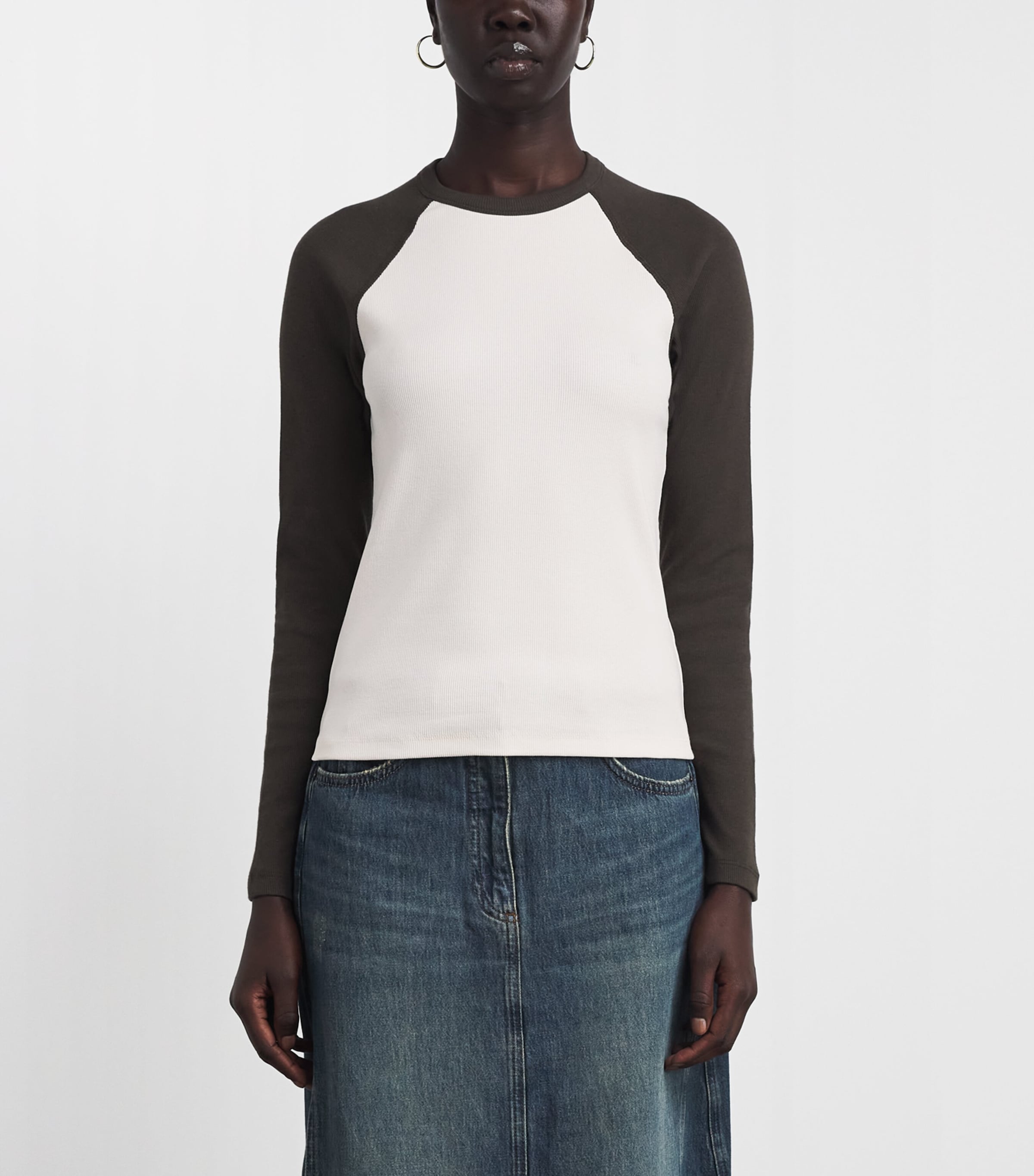 ME+EM Womens Slim Baseball Top Autumn Ivory/olive Image 4