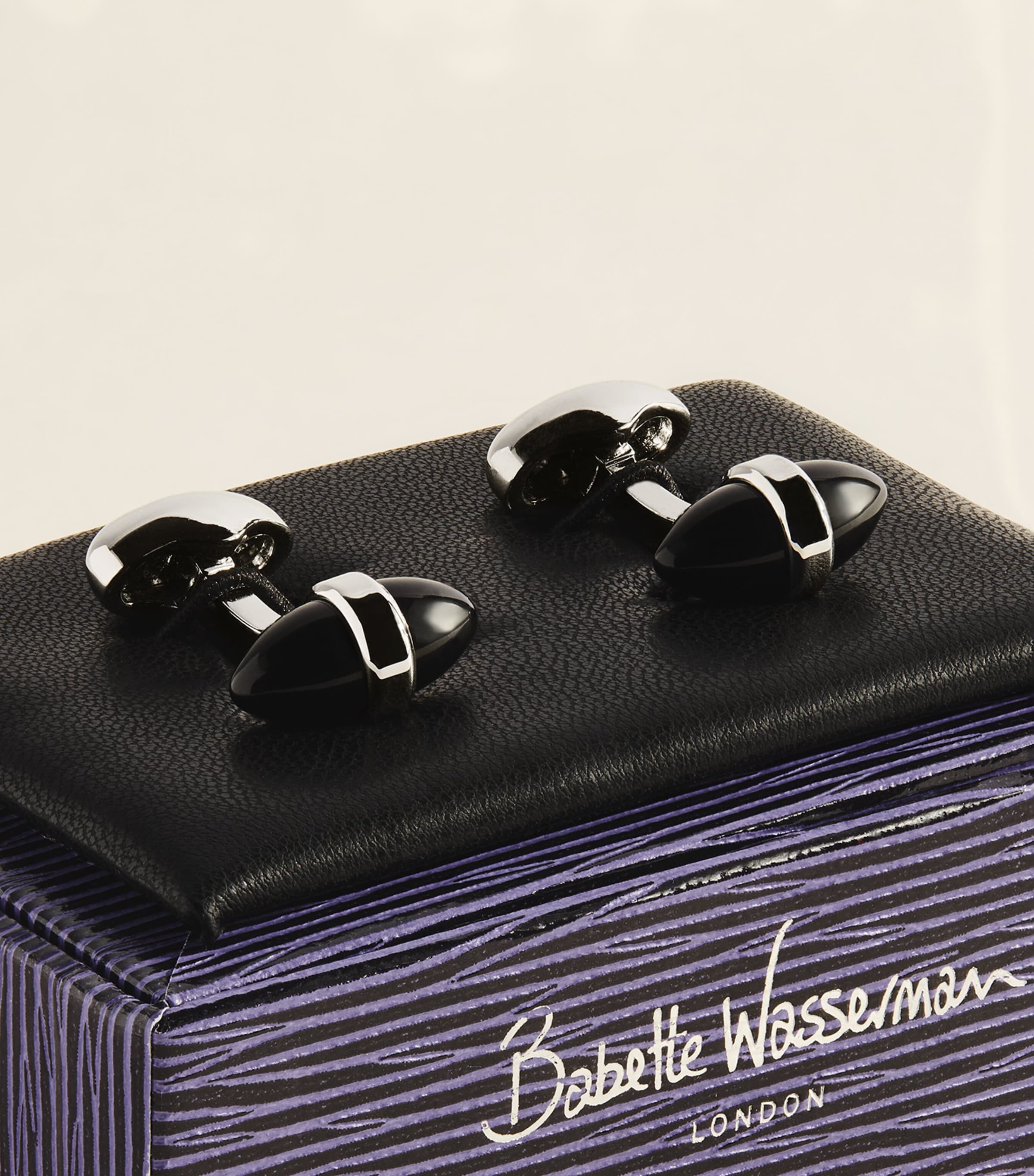 Babette Wasserman Rhodium-Plated Onyx Sleek Bullet Cufflinks Onyx Image 3