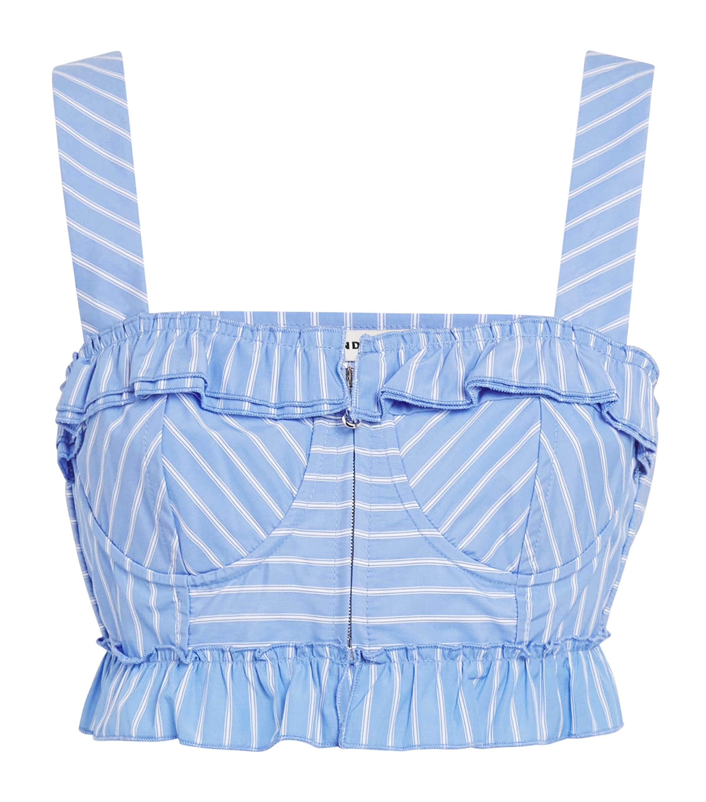 Sandro Womens Bleus Striped Ruffle-trim Cotton-blend Crop Top In Blue