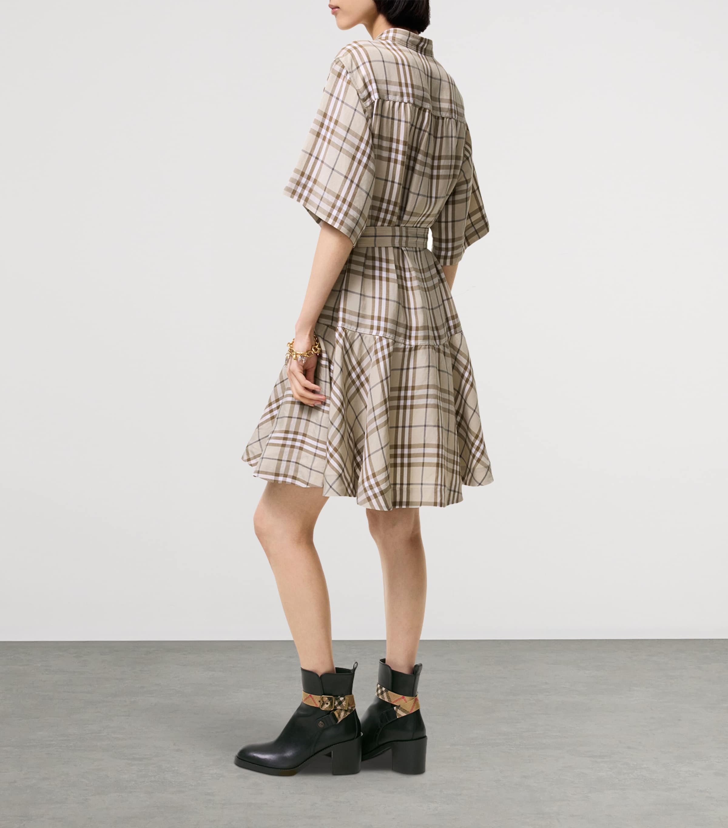 Burberry Womens Belted Check Midi Dress Sesame Beige Ip Chk Image 3