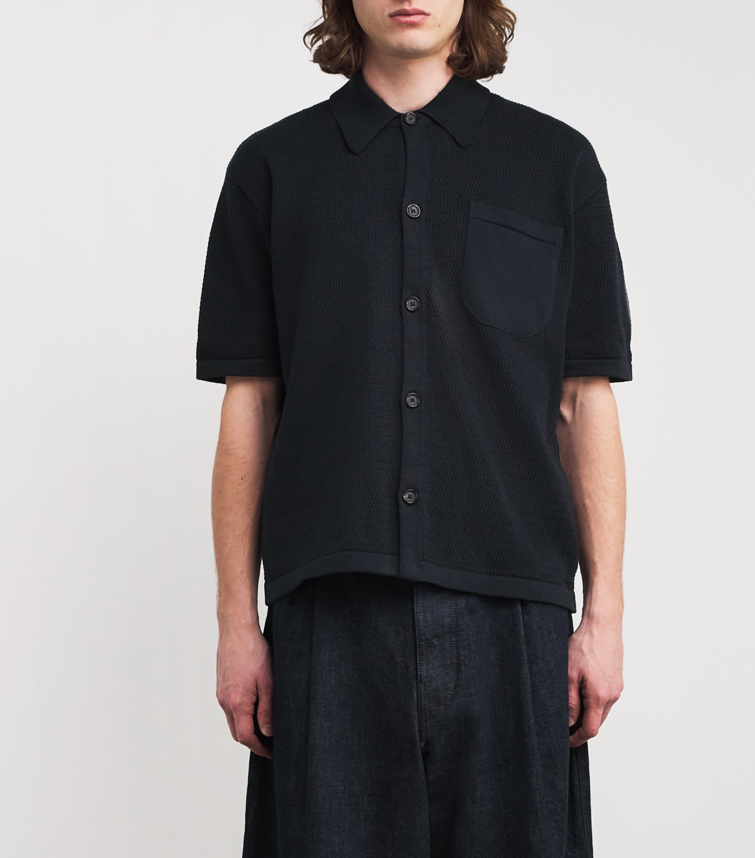 Oliver Spencer Mens Organic Cotton Knitted Short-Sleeve Shirt Navy Image 3