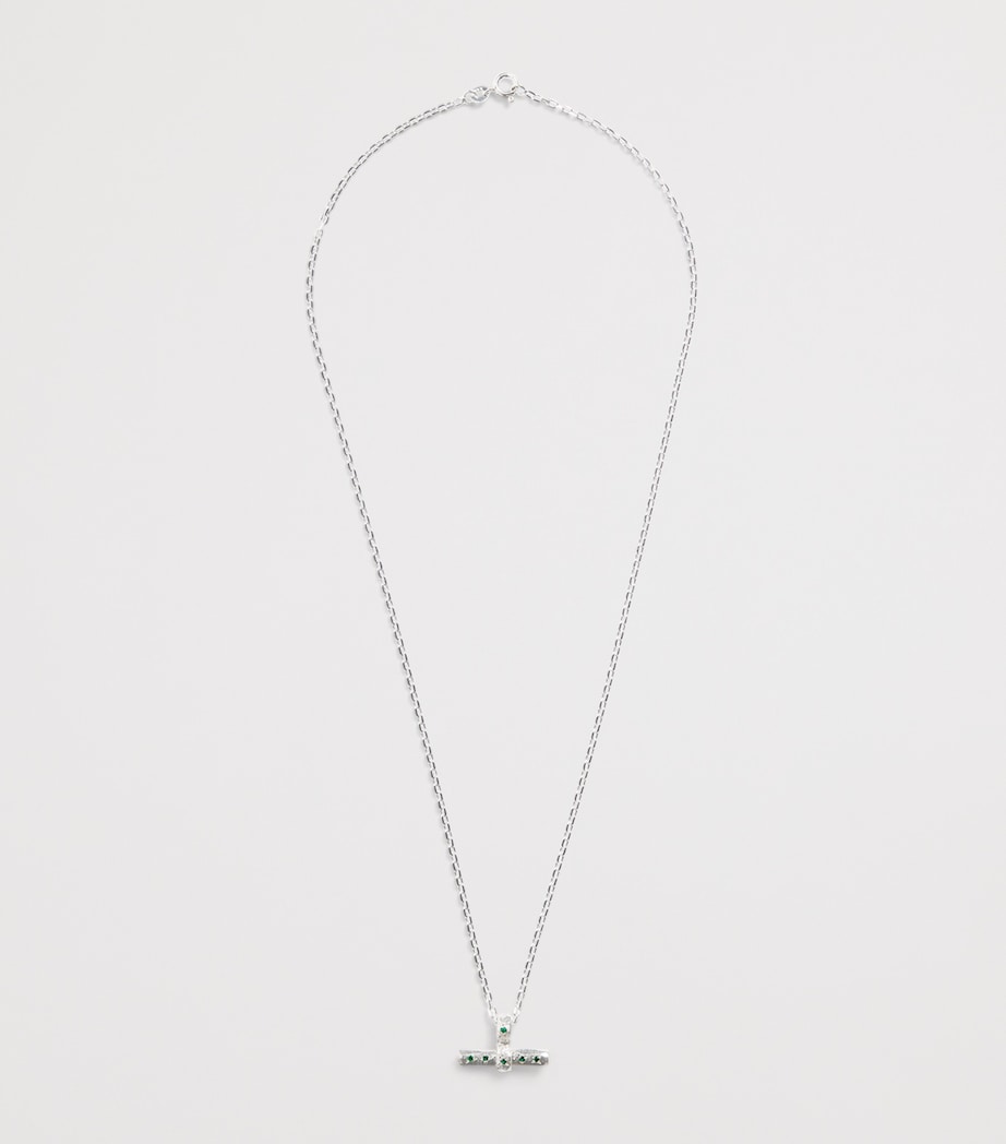 Sterling Silver and Emerald T-Bar Necklace GREEN Image 3