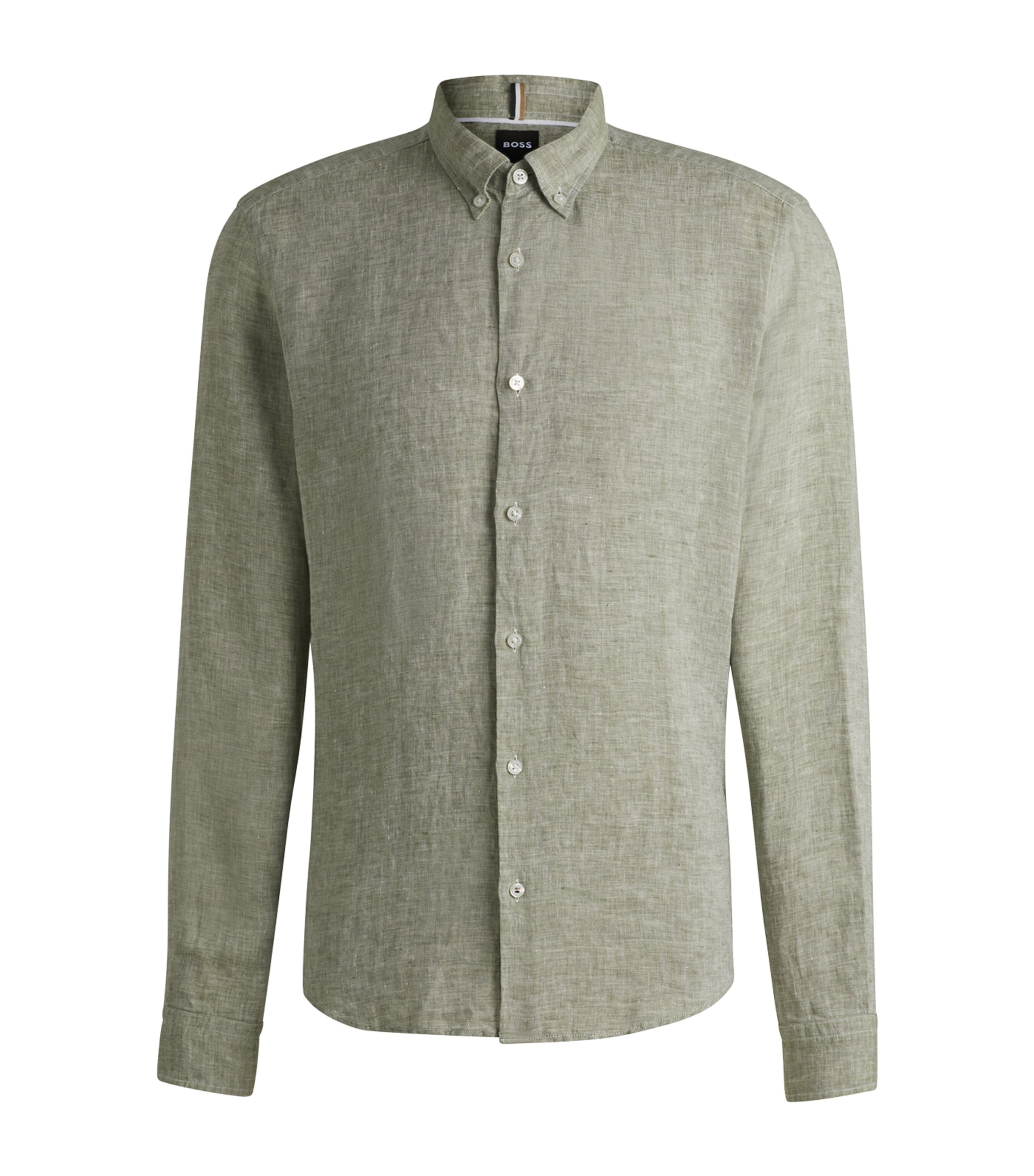 Hugo Boss Regular-fit Button-down Shirt In Linen In Green