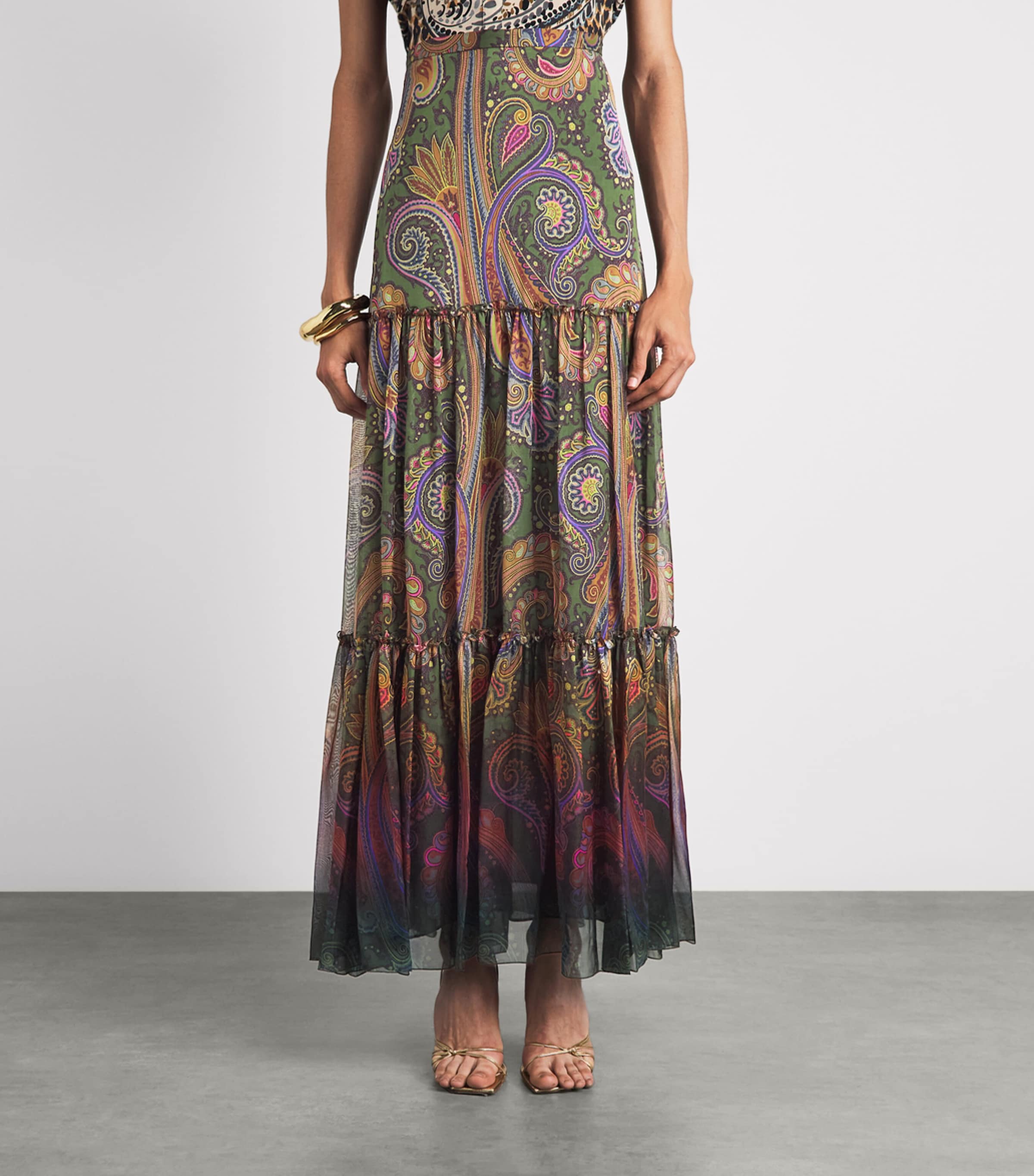 Etro Womens Silk Paisley Tiered Maxi Skirt Green Image 4