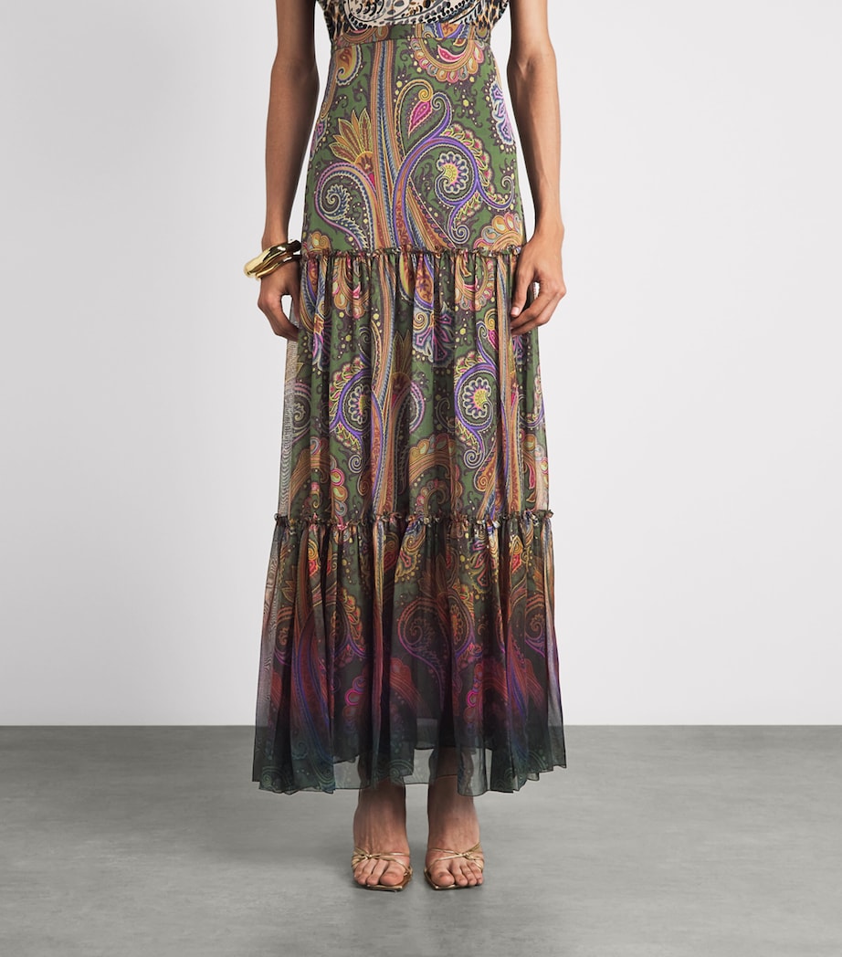Etro Womens Silk Paisley Tiered Maxi Skirt Green Image 4