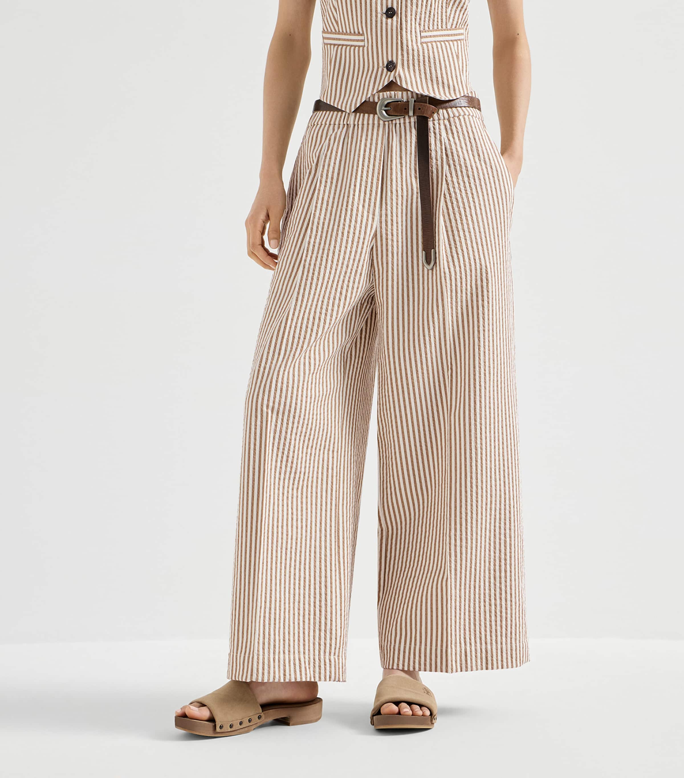 Brunello Cucinelli Womens Techno-Cotton Stripe Wide-Leg Trousers Image 3
