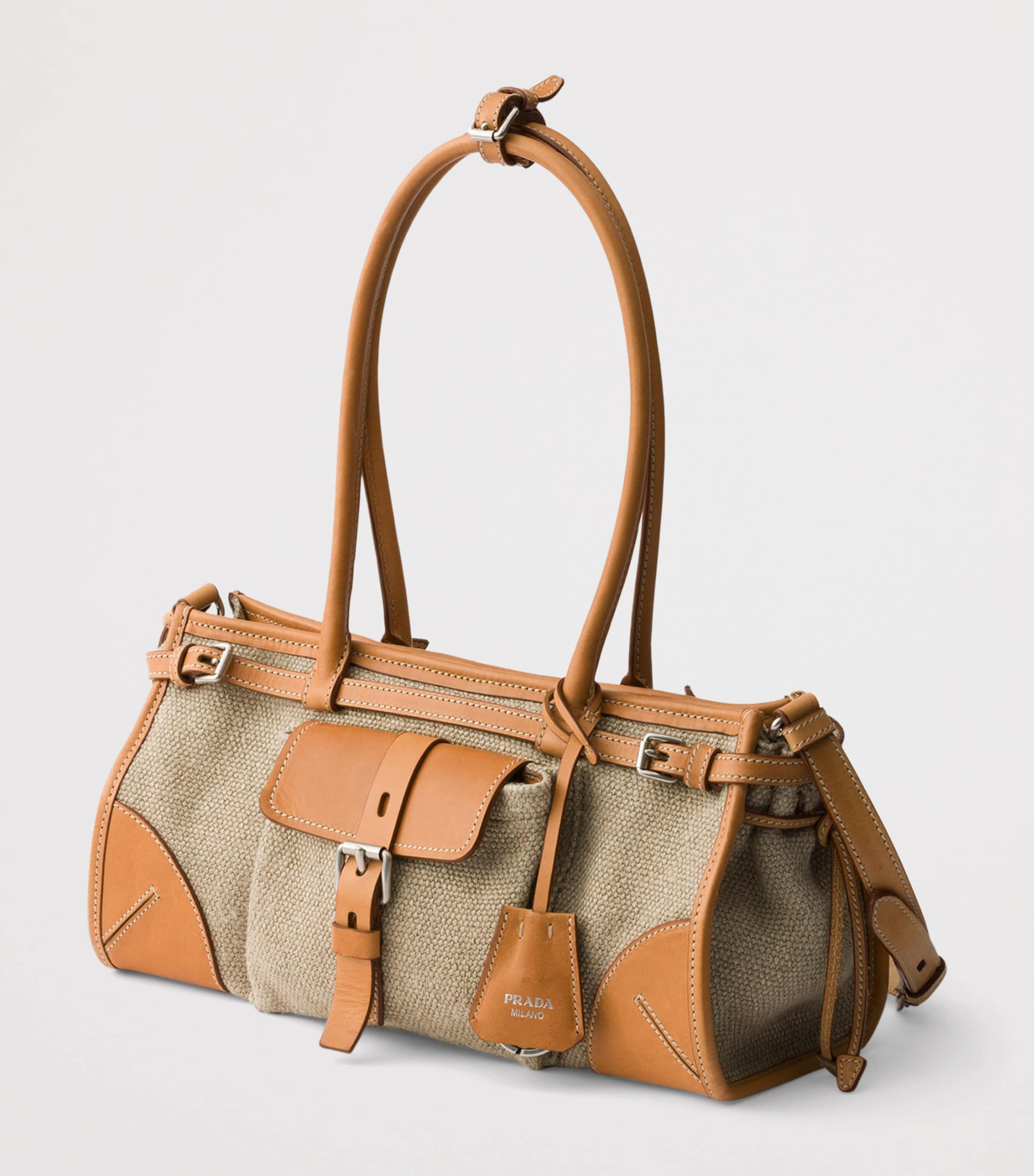 Prada Womens Small Linen-Leather Bonnie Top-Handle Bag Neutral Image 3