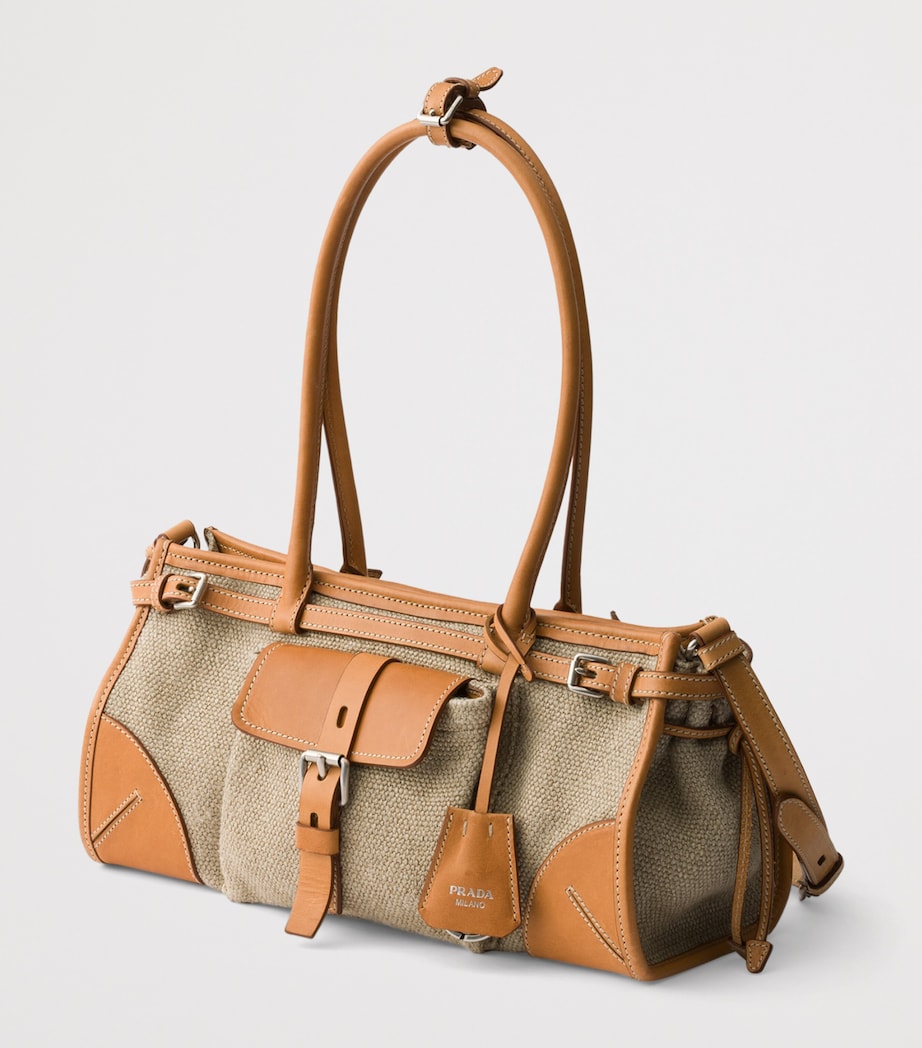 Prada Womens Small Linen-Leather Bonnie Top-Handle Bag Neutral Image 3