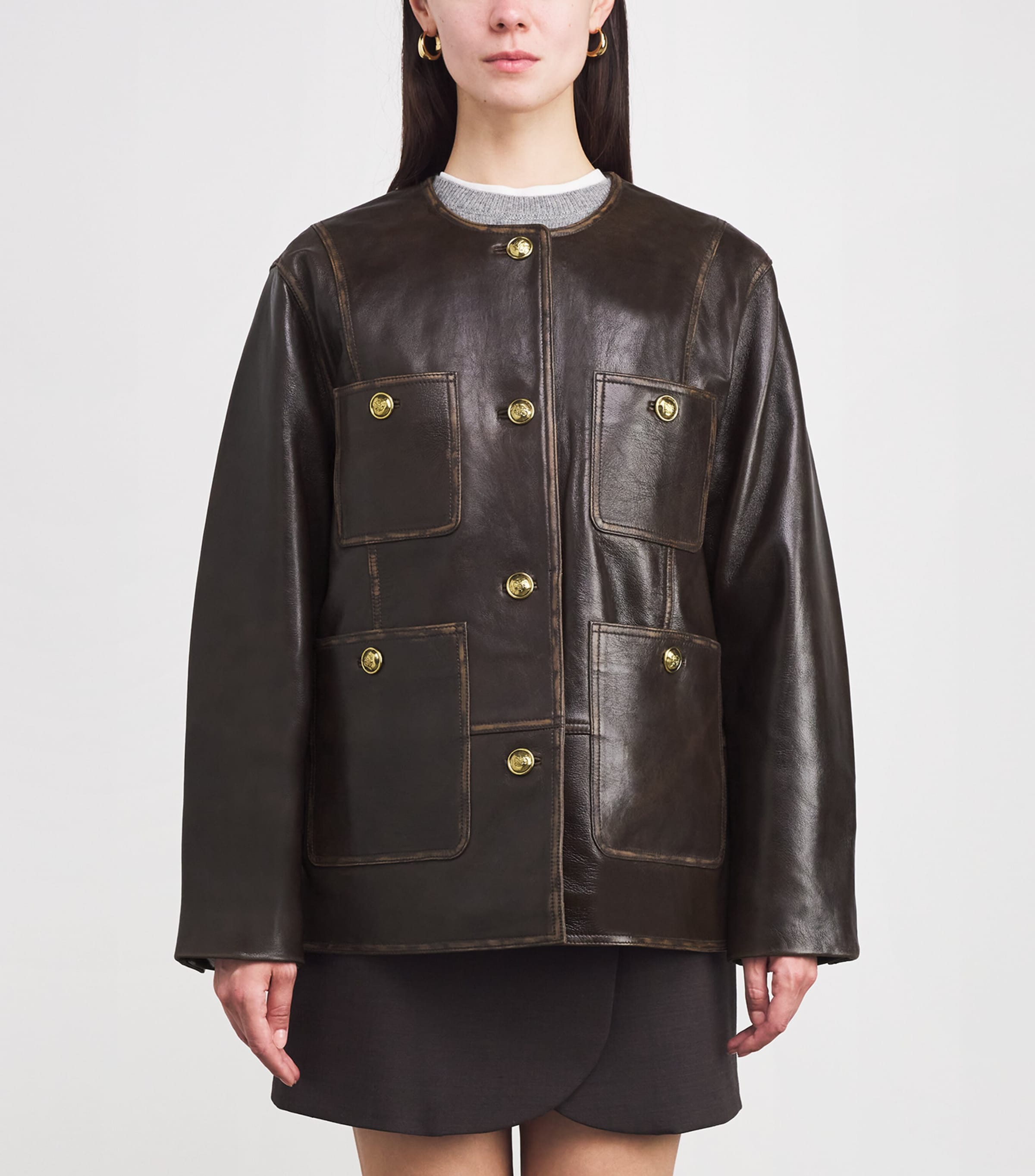 Leather Distressed Jacket BLACK BROWN Image 3